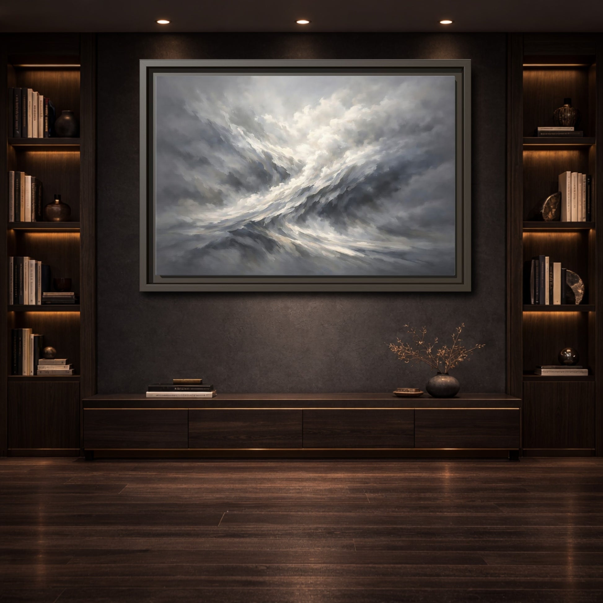 Mockup 3. Nature Stormy Sky Grayscale Abstract shown as stretched canvas wall art
