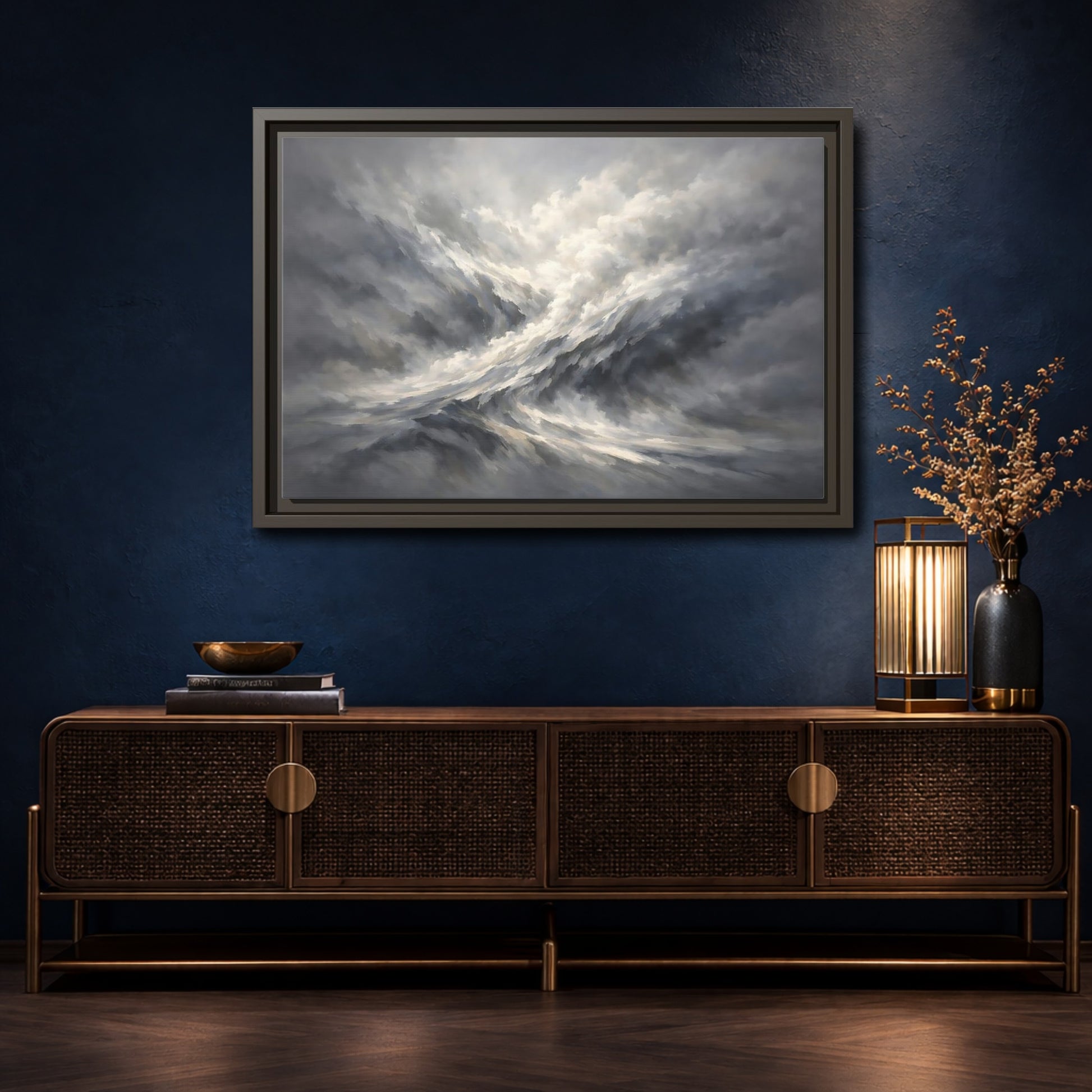 Mockup 4. Nature Stormy Sky Grayscale Abstract shown as stretched canvas wall art