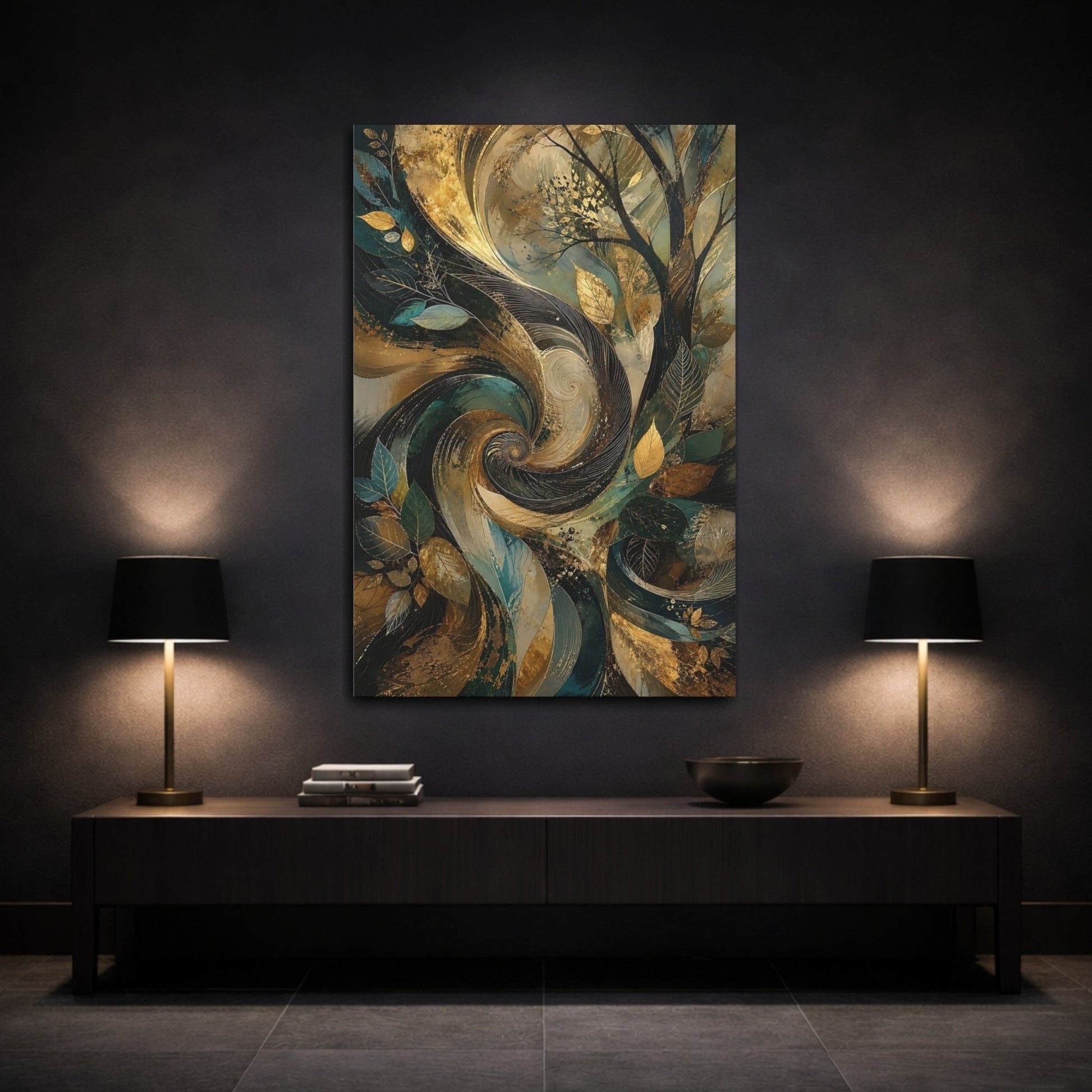 Nature Stylized Tree Gold And Teal Canvas Print – Abstract Decor for Living Room, Above Fireplace - YesArtYes