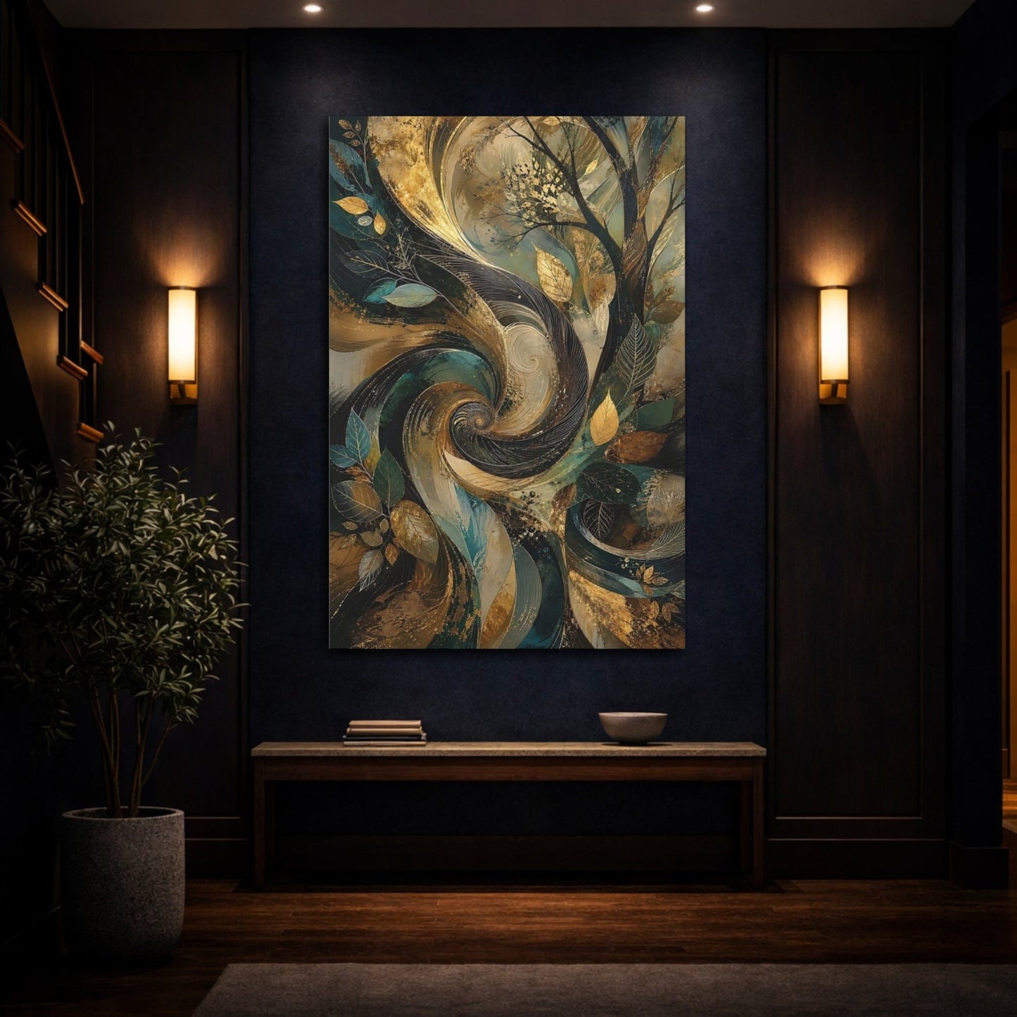 Nature Stylized Tree Gold And Teal Canvas Print – Abstract Decor for Living Room, Above Fireplace - YesArtYes