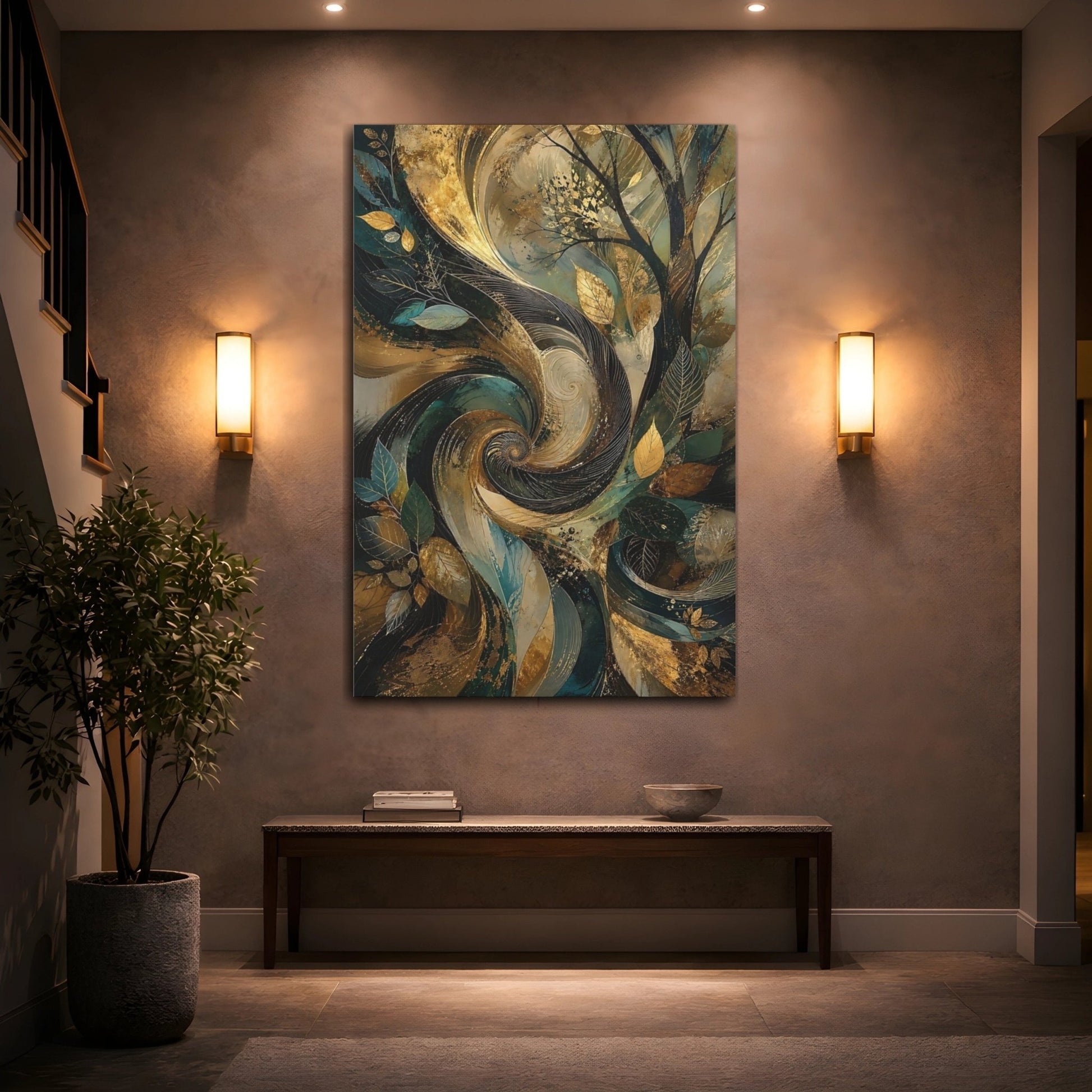 Nature Stylized Tree Gold And Teal Canvas Print – Abstract Decor for Living Room, Above Fireplace - YesArtYes
