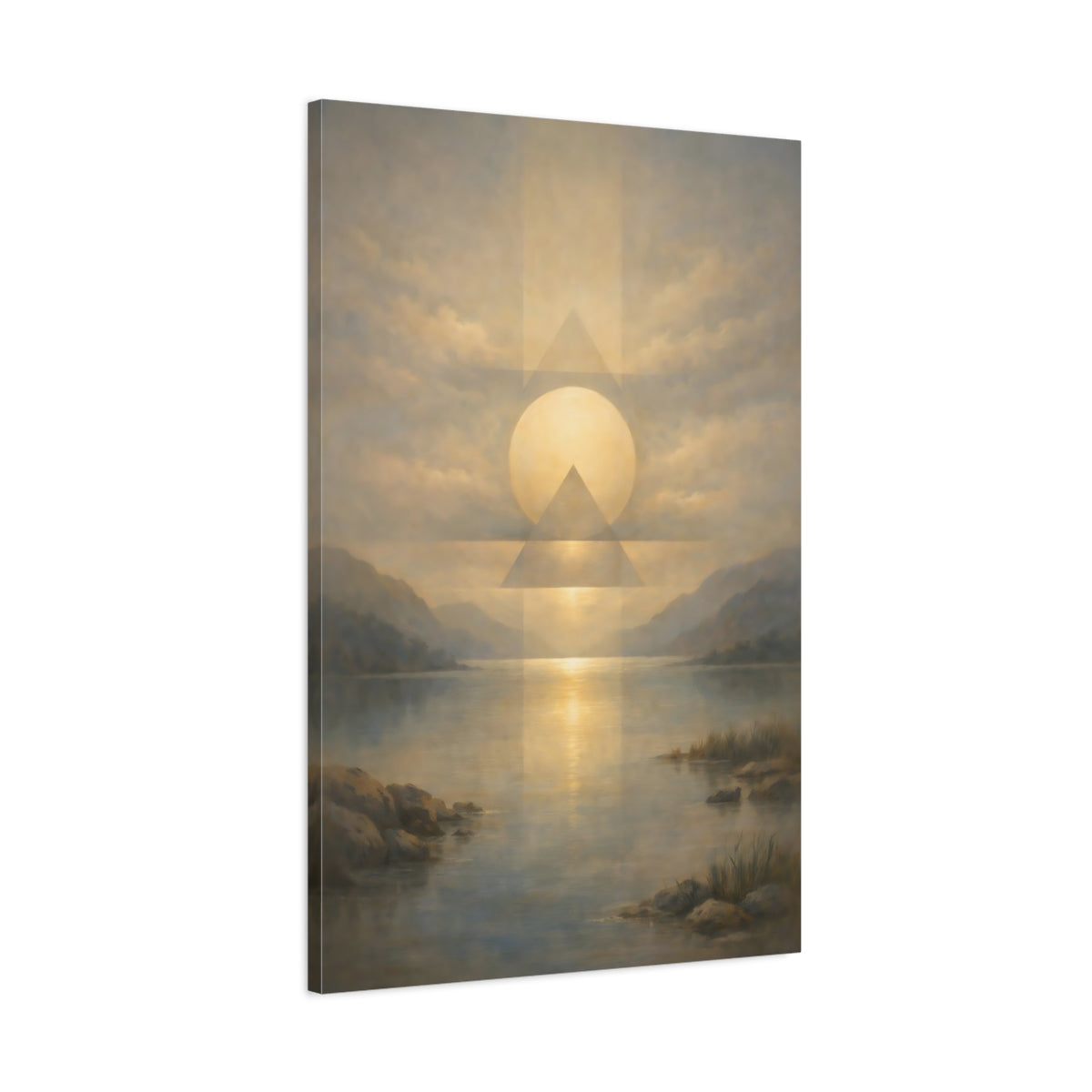 Side Mockup 1. Nature Sun And Lake Golden Sky Lake shown as stretched canvas wall art