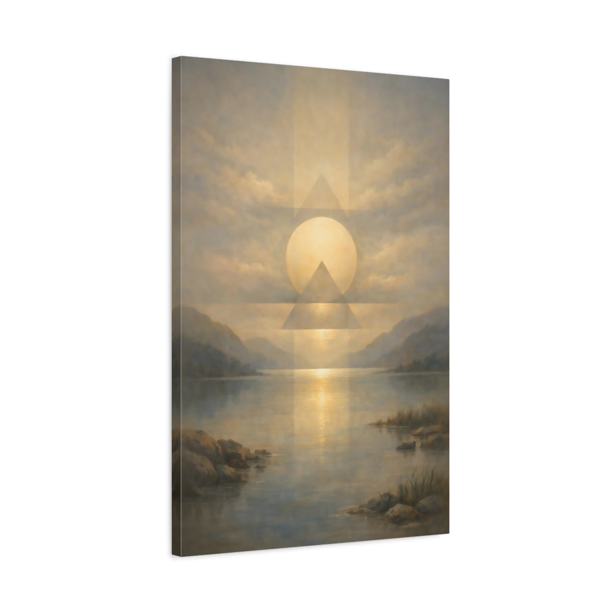 Side Mockup 2. Nature Sun And Lake Golden Sky Lake shown as stretched canvas wall art