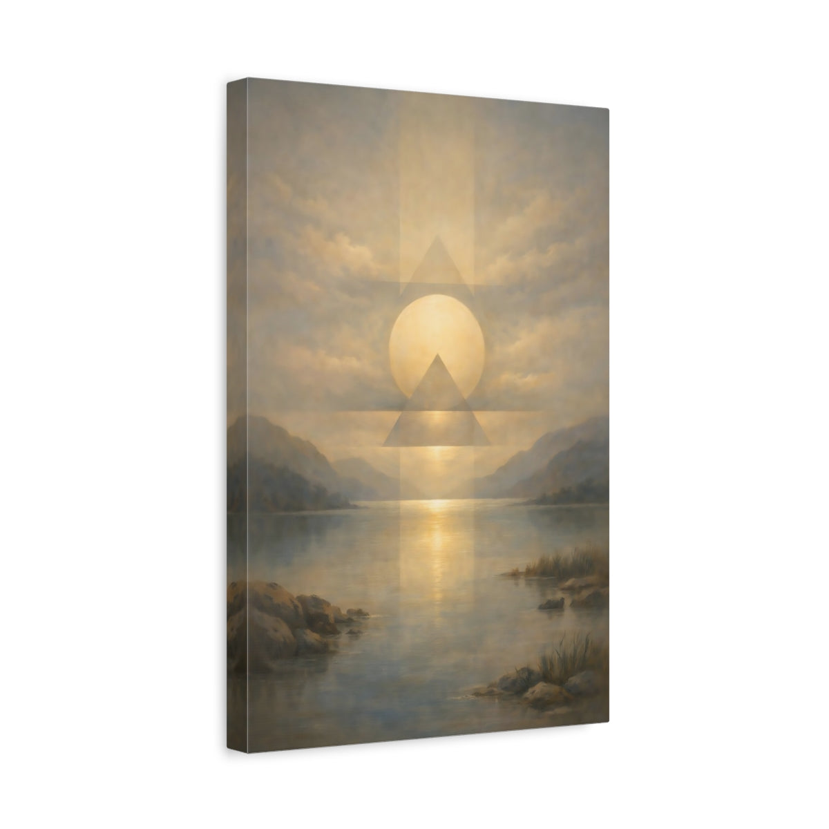 Side Mockup 4. Nature Sun And Lake Golden Sky Lake shown as stretched canvas wall art