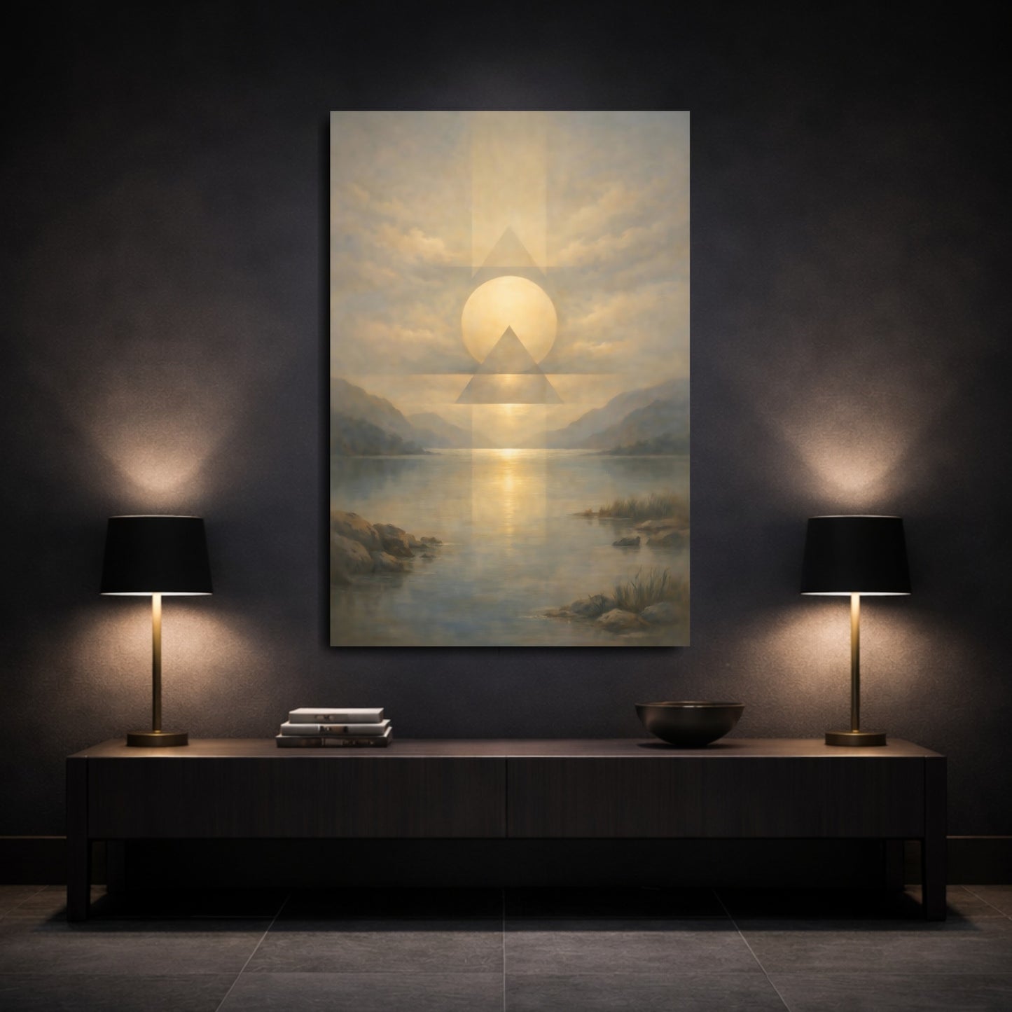 Mockup 2. Nature Sun And Lake Golden Sky Lake shown as stretched canvas wall art