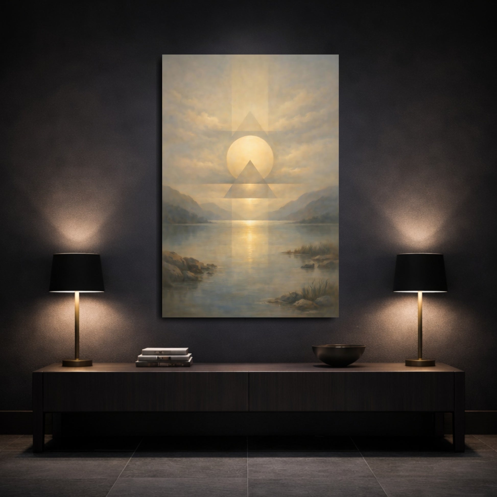 Mockup 2. Nature Sun And Lake Golden Sky Lake shown as stretched canvas wall art