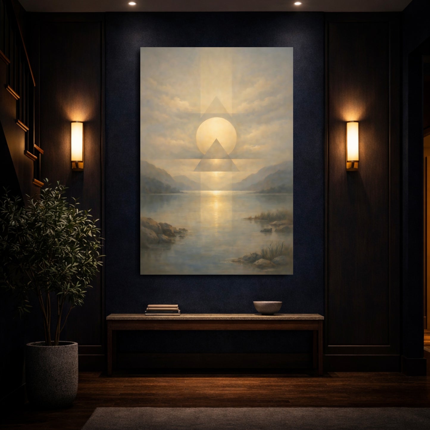 Mockup 3. Nature Sun And Lake Golden Sky Lake shown as stretched canvas wall art