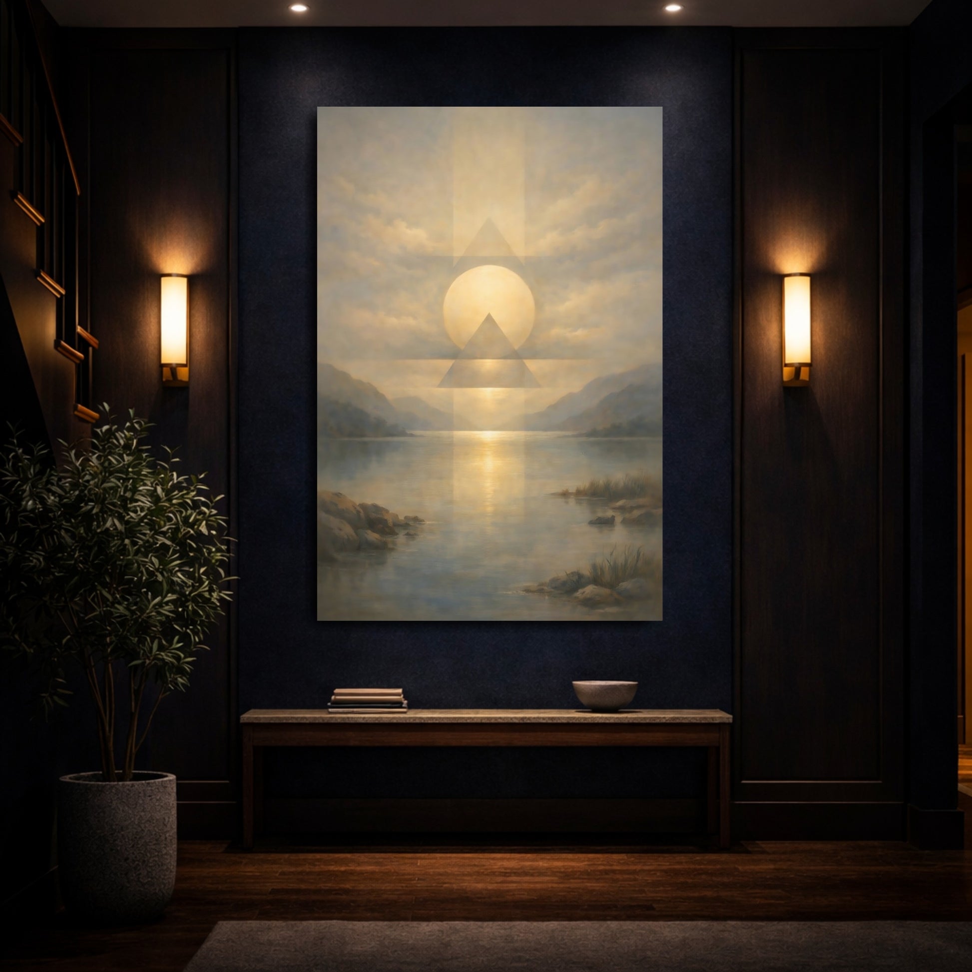 Mockup 3. Nature Sun And Lake Golden Sky Lake shown as stretched canvas wall art
