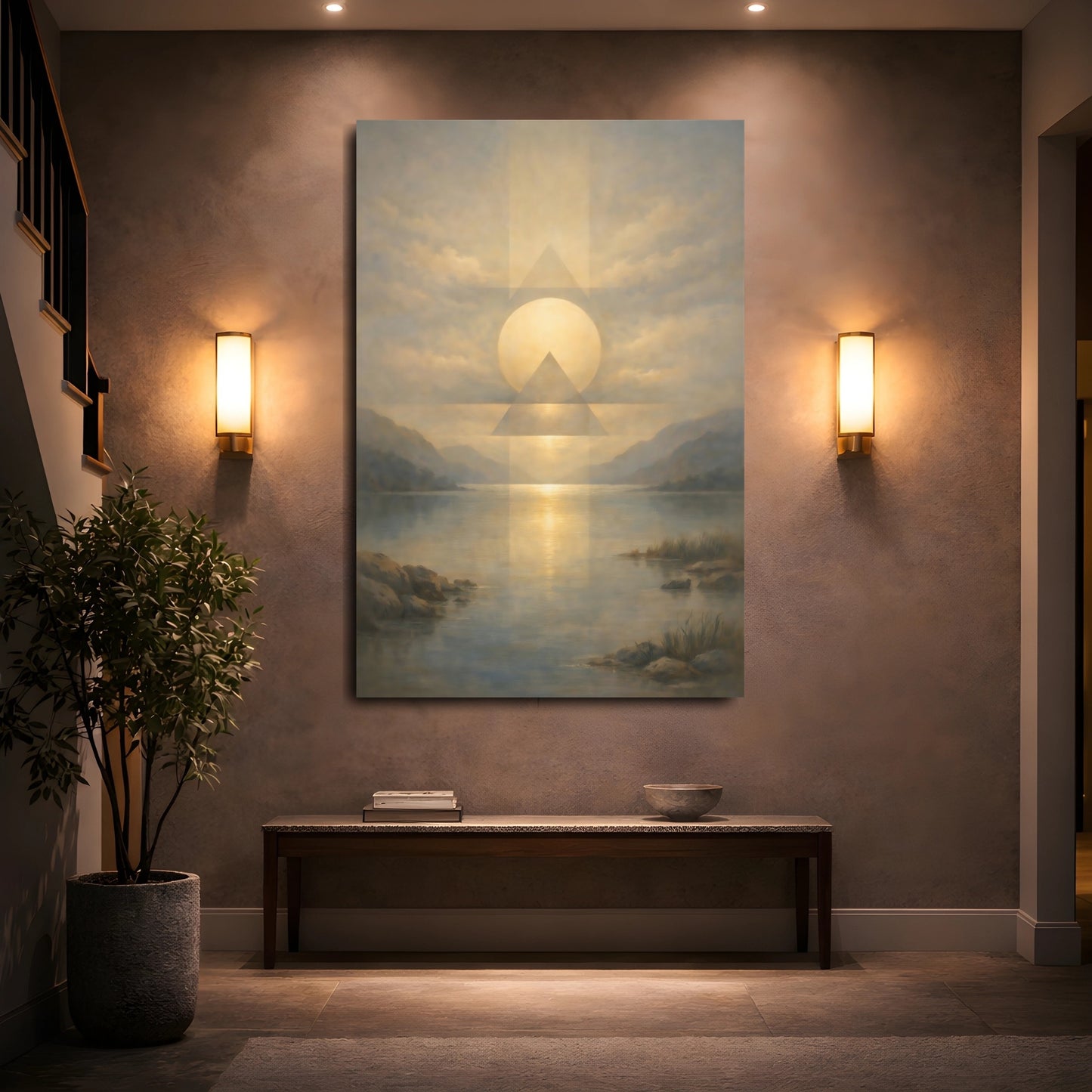 Mockup 4. Nature Sun And Lake Golden Sky Lake shown as stretched canvas wall art