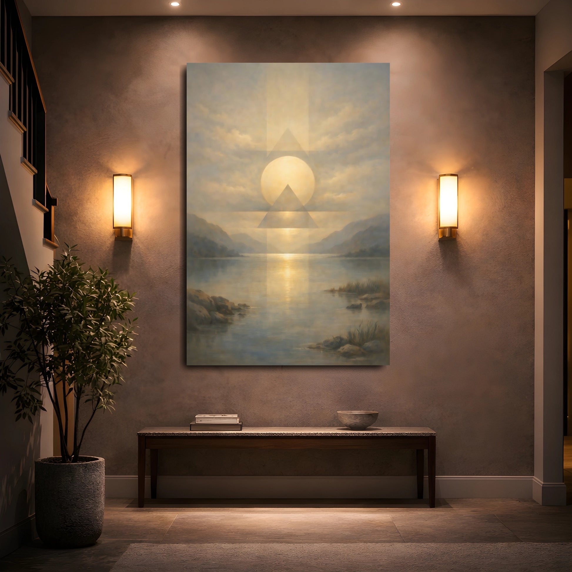Mockup 4. Nature Sun And Lake Golden Sky Lake shown as stretched canvas wall art