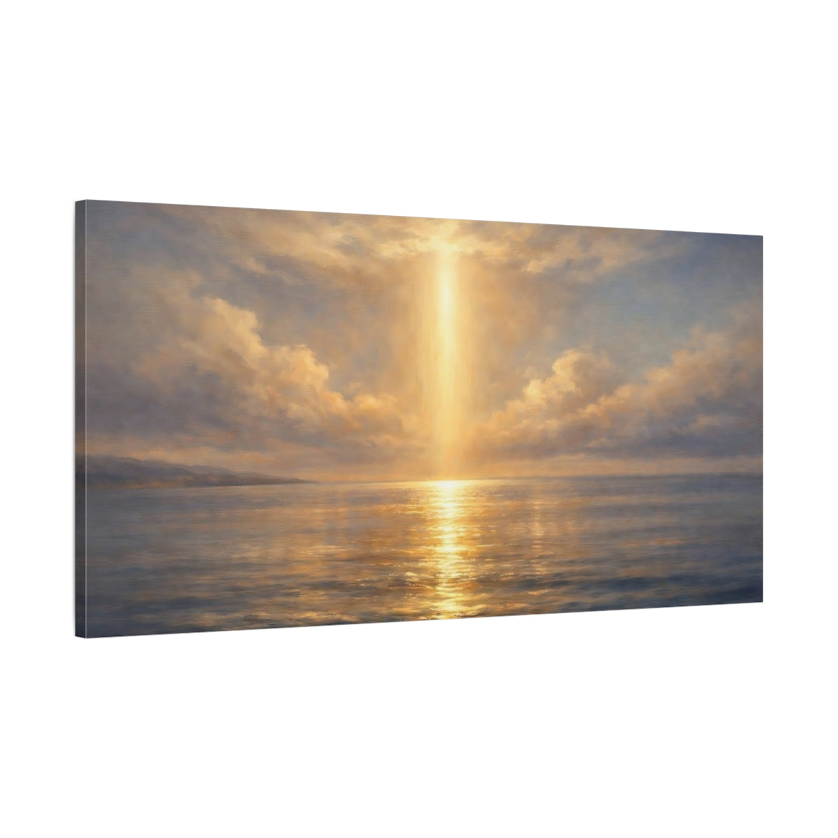 Side Mockup 1. Nature Sunbeam Ocean Golden Ocean shown as stretched canvas wall art