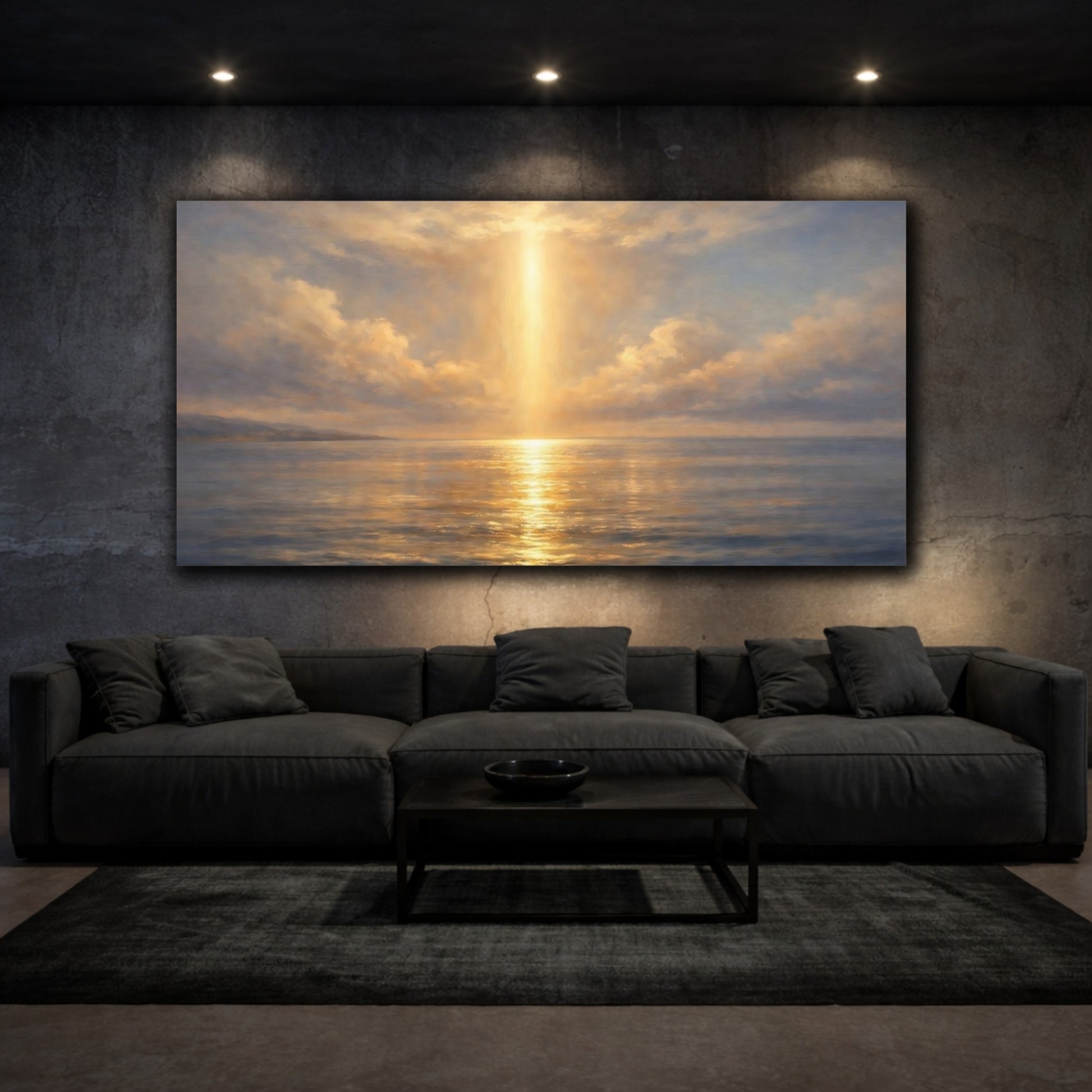 Mockup 2. Nature Sunbeam Ocean Golden Ocean shown as stretched canvas wall art