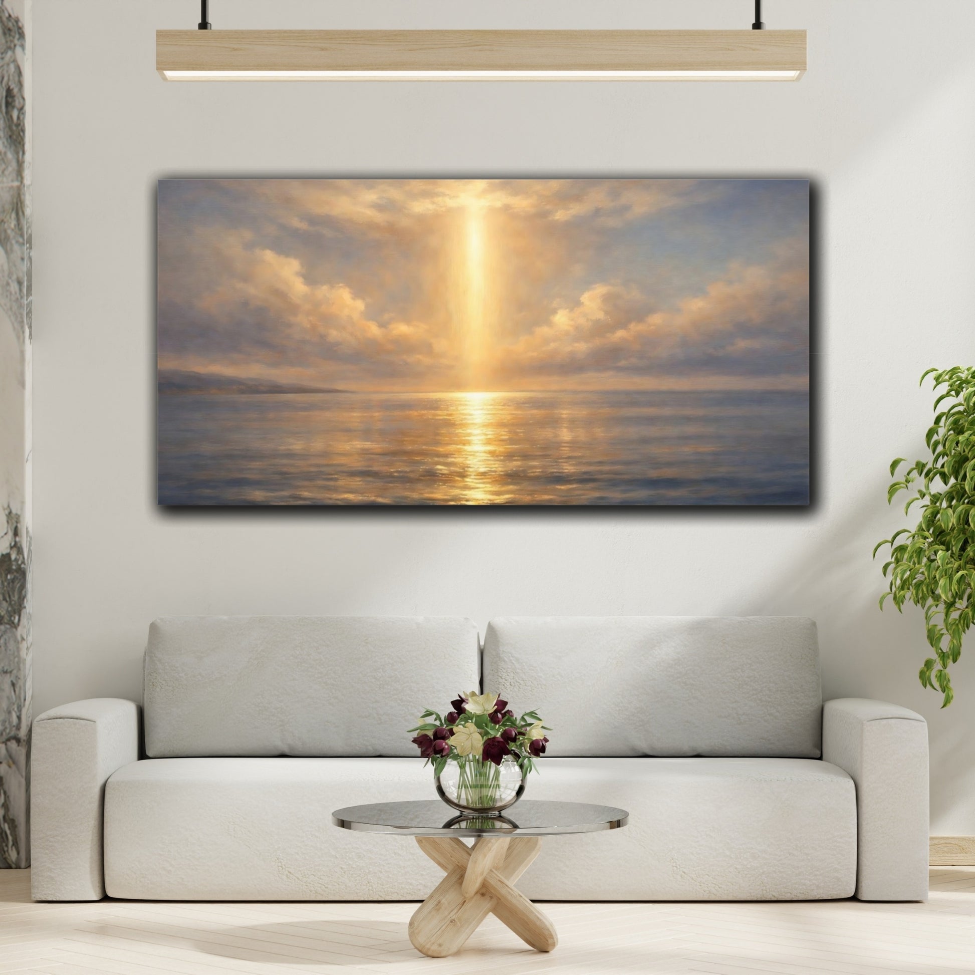 Mockup 3. Nature Sunbeam Ocean Golden Ocean shown as stretched canvas wall art
