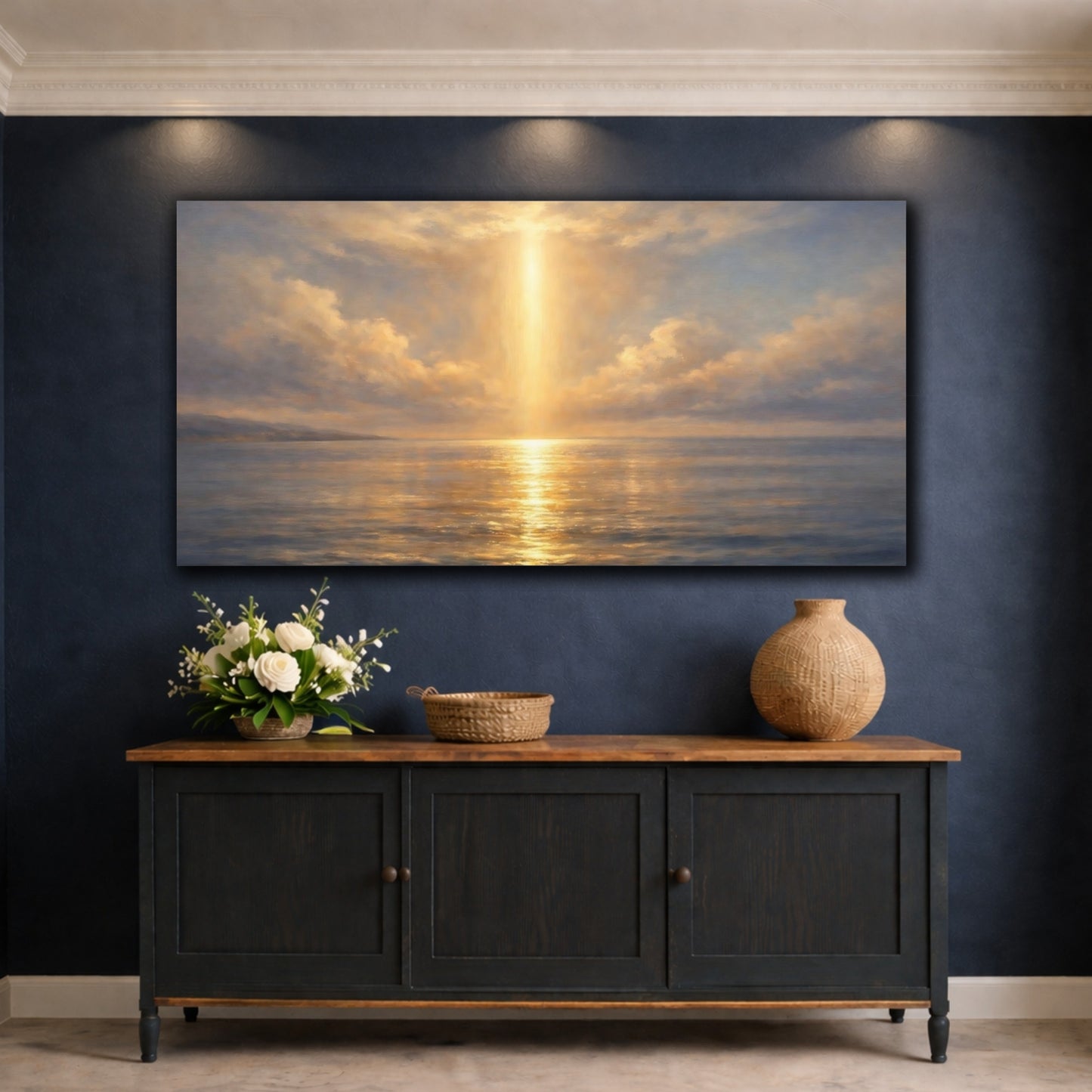 Mockup 4. Nature Sunbeam Ocean Golden Ocean shown as stretched canvas wall art