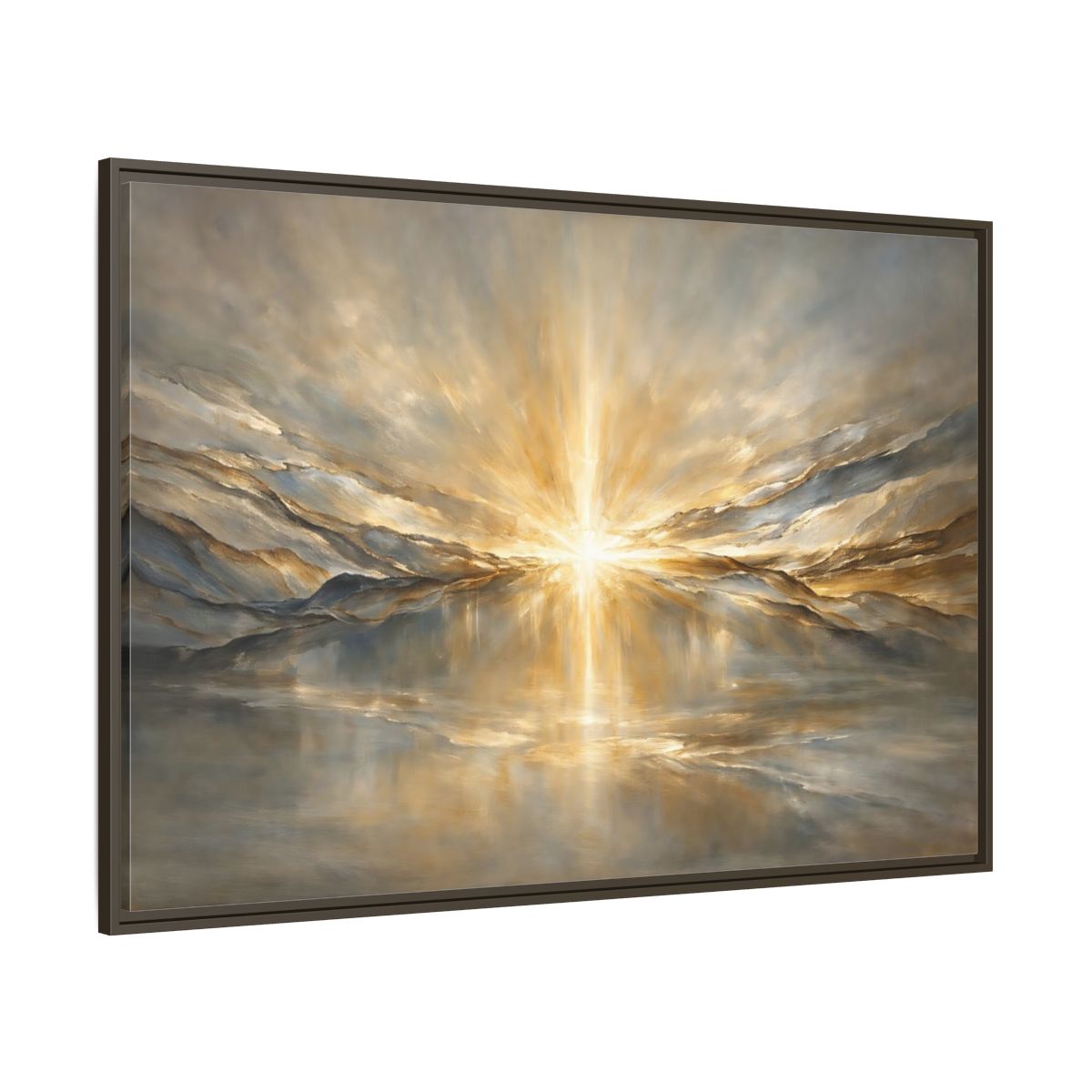 Main Mockup. Nature Sunburst Gold And Grey shown as stretched canvas wall art