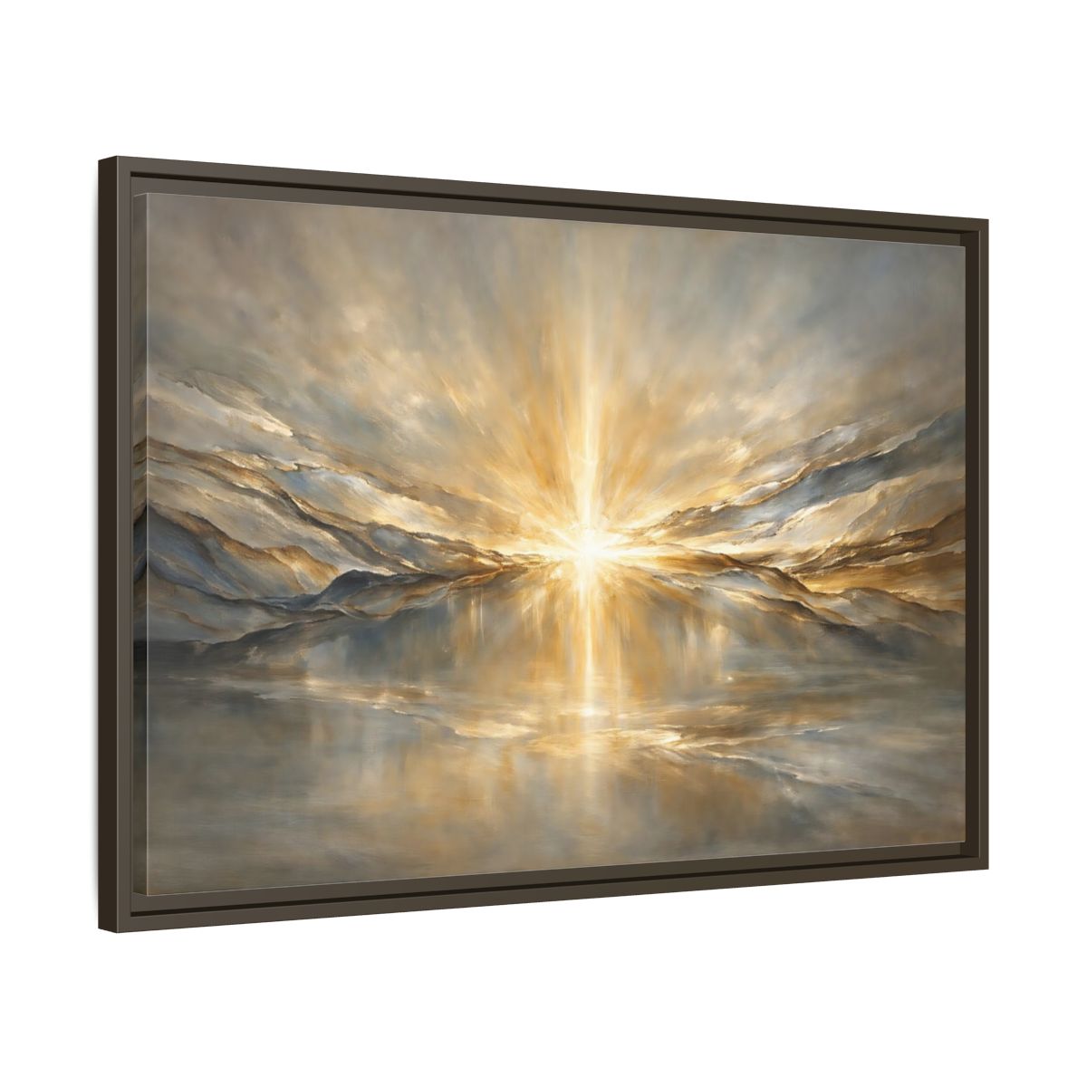 Side Mockup 11. Nature Sunburst Gold And Grey shown as stretched canvas wall art