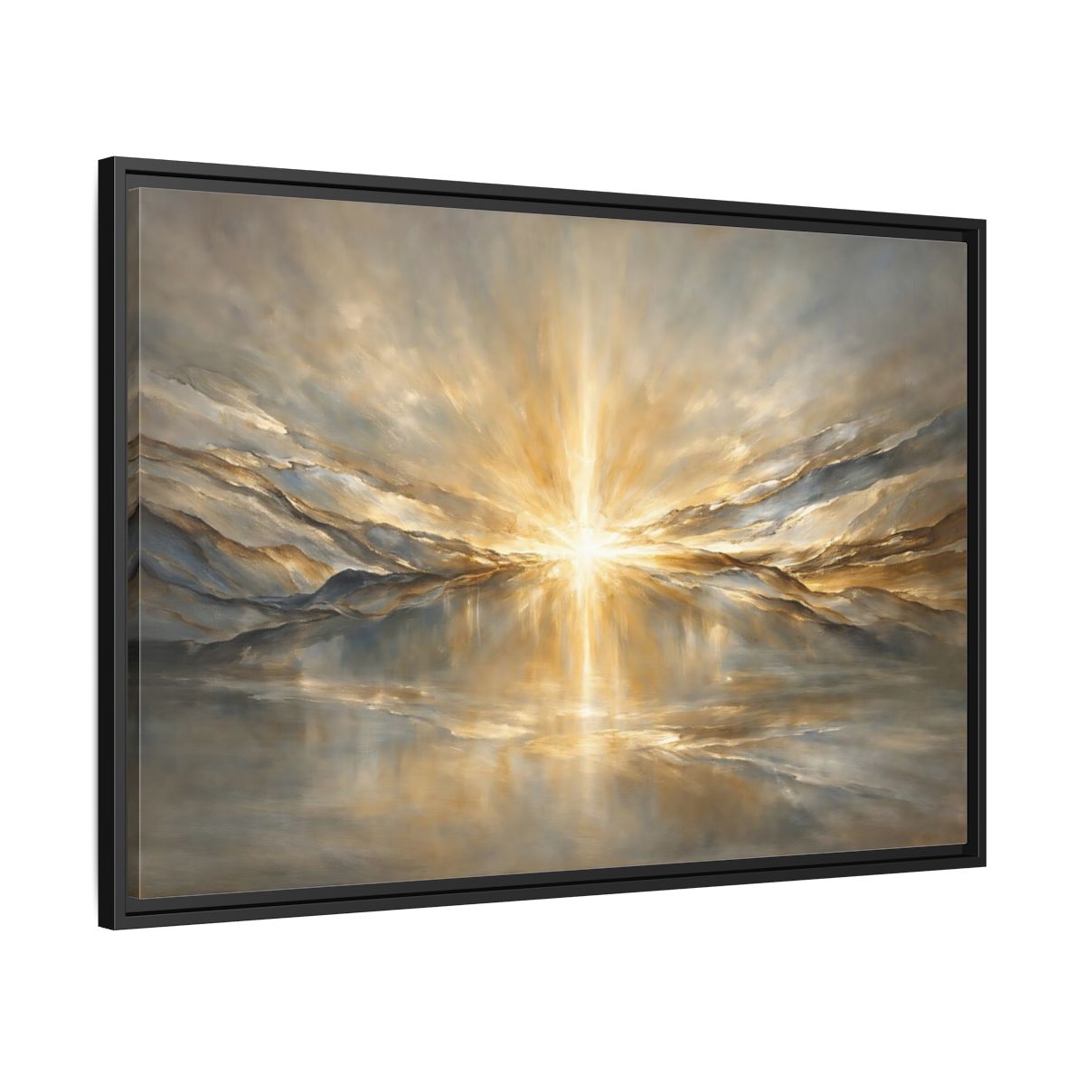 Side Mockup 13. Nature Sunburst Gold And Grey shown as stretched canvas wall art