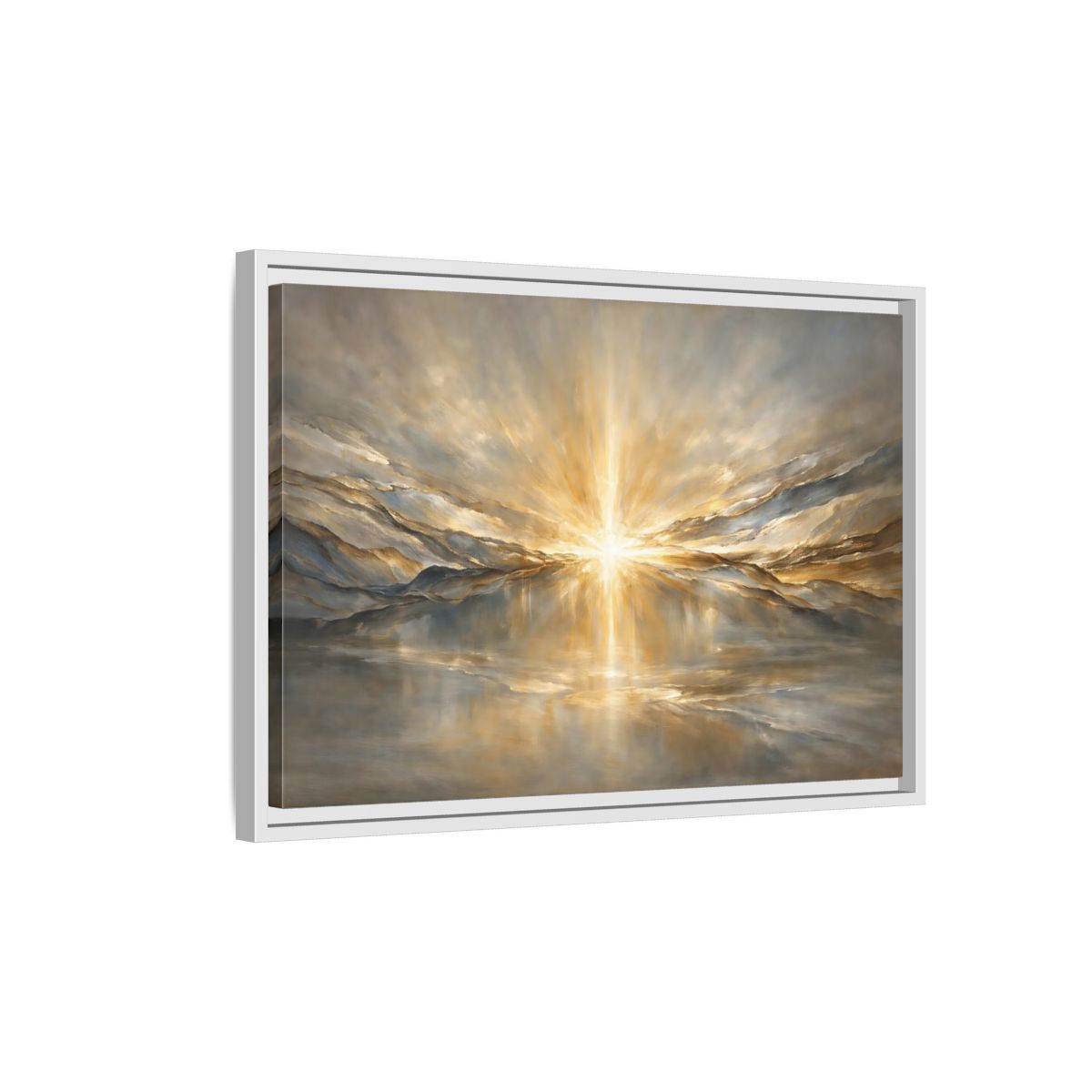 Side Mockup 1. Nature Sunburst Gold And Grey shown as stretched canvas wall art