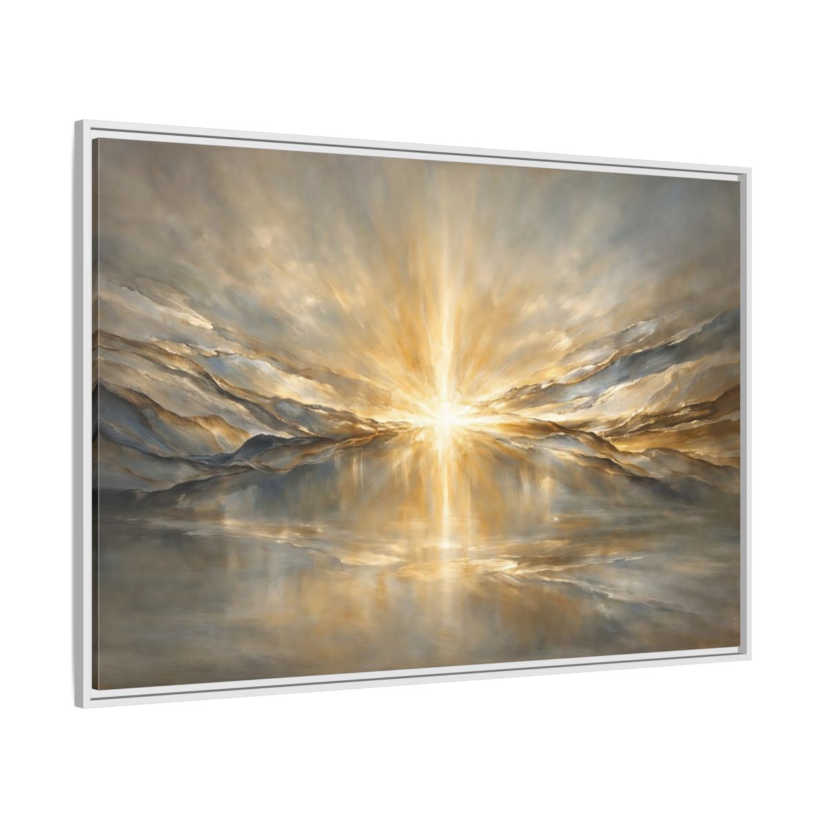 Side Mockup 7. Nature Sunburst Gold And Grey shown as stretched canvas wall art