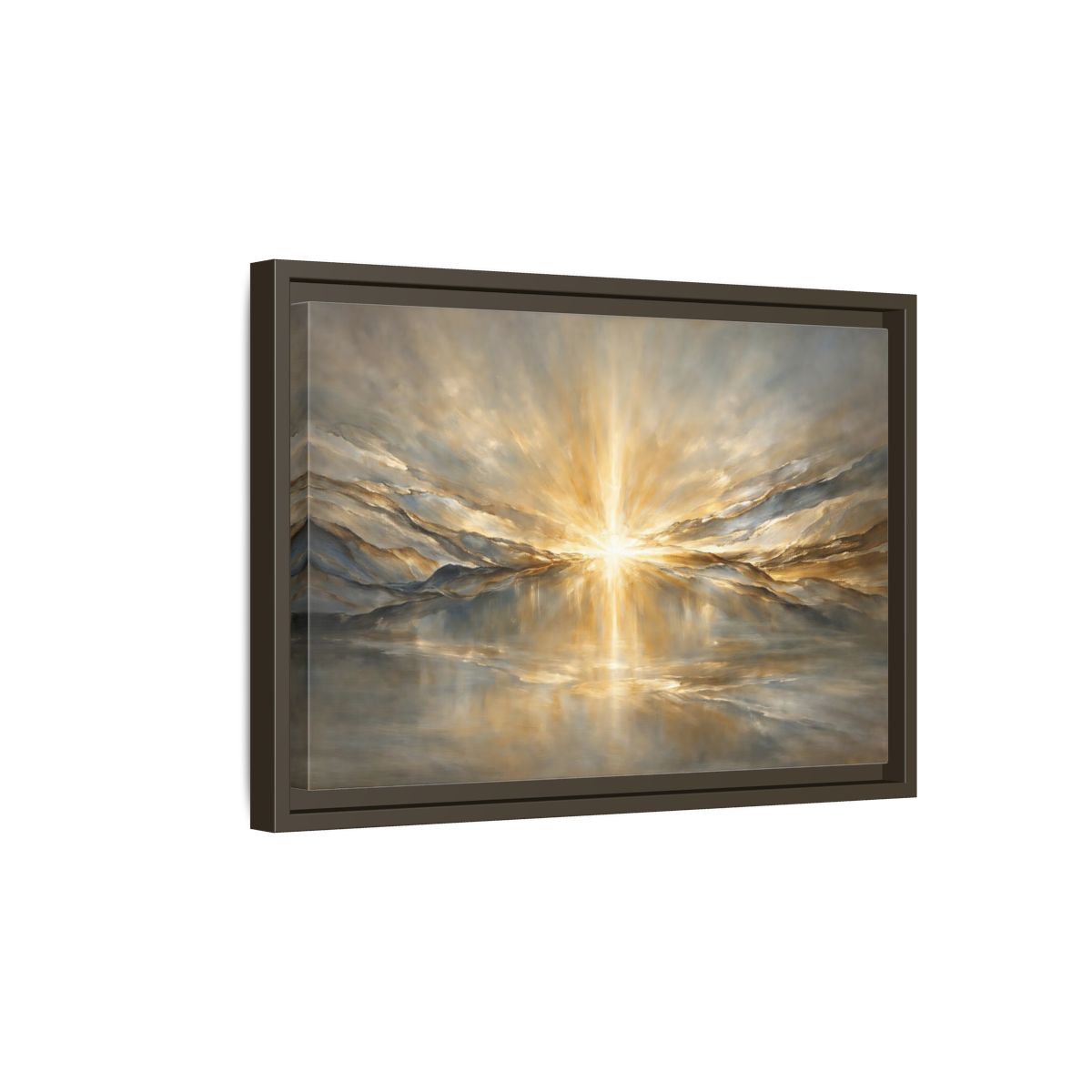 Side Mockup 5. Nature Sunburst Gold And Grey shown as stretched canvas wall art