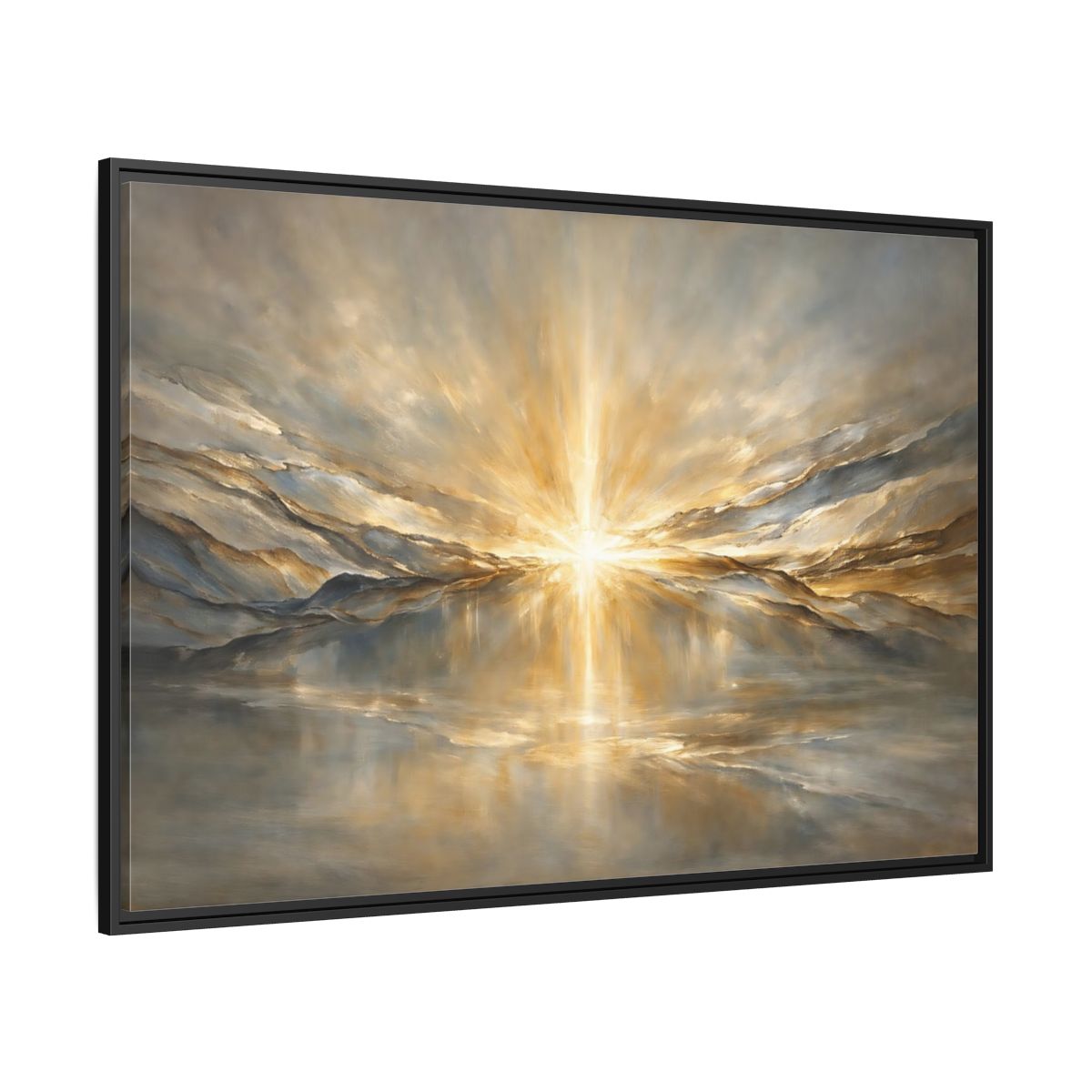 Side Mockup 12. Nature Sunburst Gold And Grey shown as stretched canvas wall art