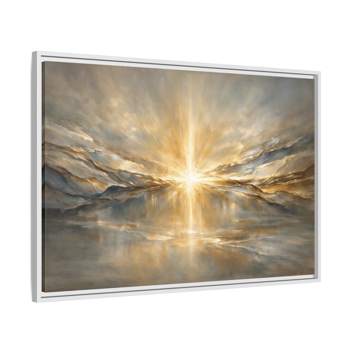 Side Mockup 8. Nature Sunburst Gold And Grey shown as stretched canvas wall art