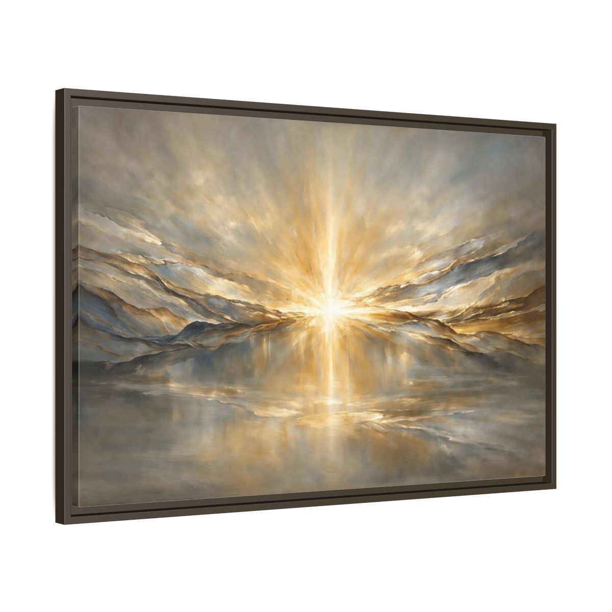 Side Mockup 9. Nature Sunburst Gold And Grey shown as stretched canvas wall art