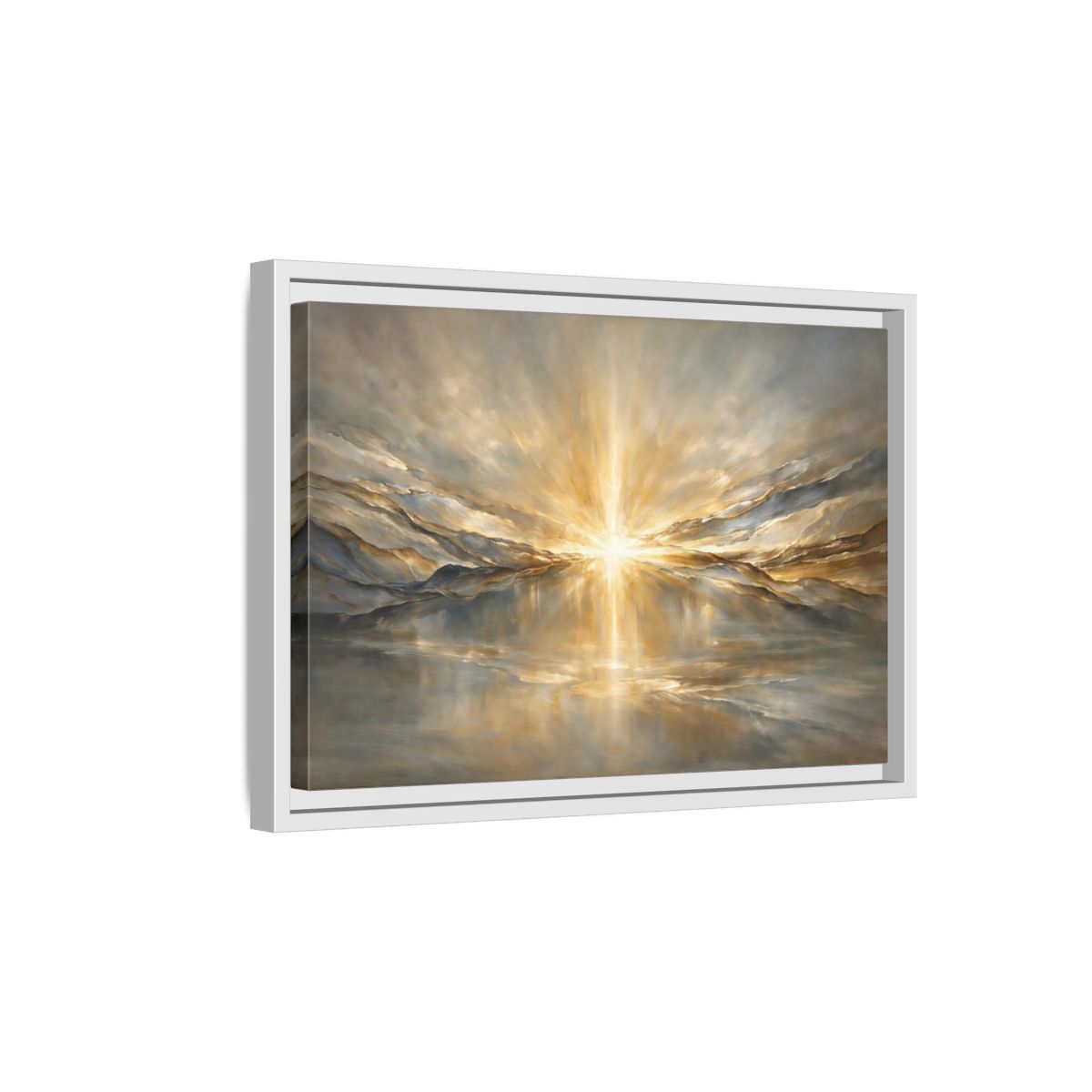 Side Mockup 4. Nature Sunburst Gold And Grey shown as stretched canvas wall art