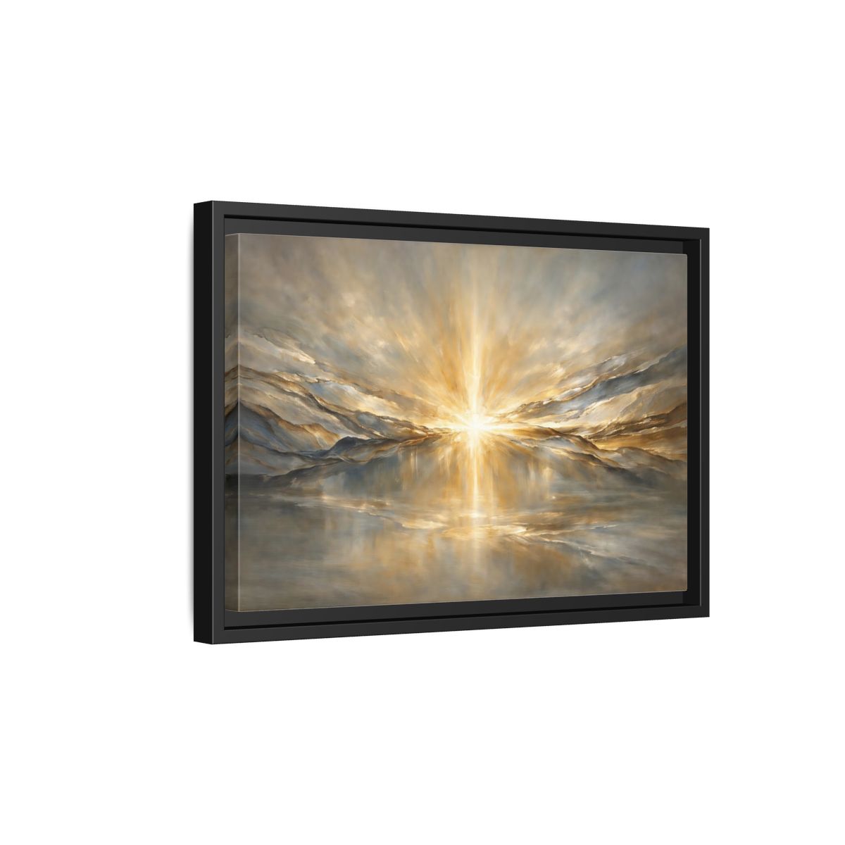 Side Mockup 6. Nature Sunburst Gold And Grey shown as stretched canvas wall art
