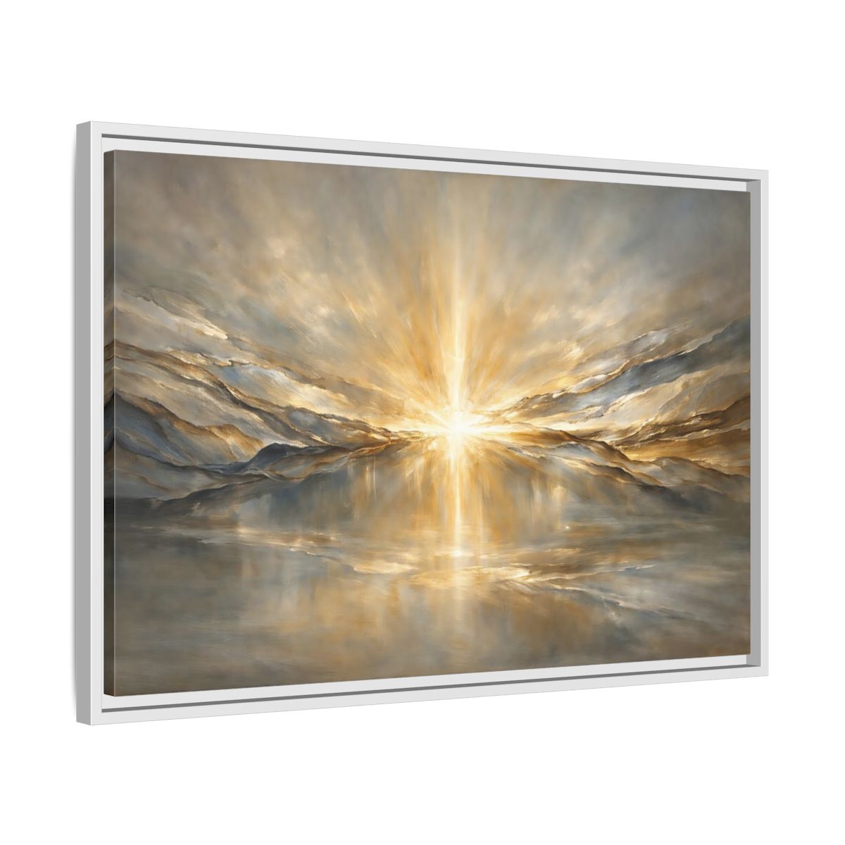 Side Mockup 10. Nature Sunburst Gold And Grey shown as stretched canvas wall art