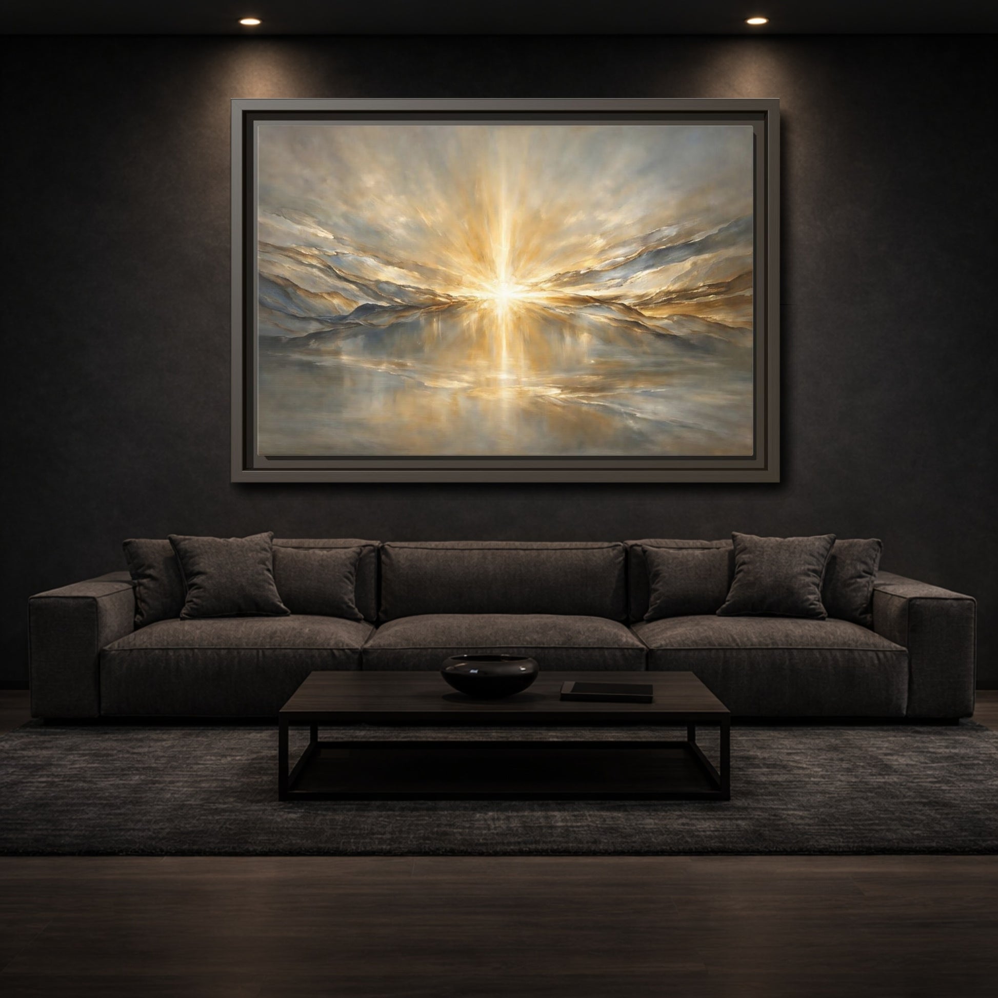 Mockup 2. Nature Sunburst Gold And Grey shown as stretched canvas wall art