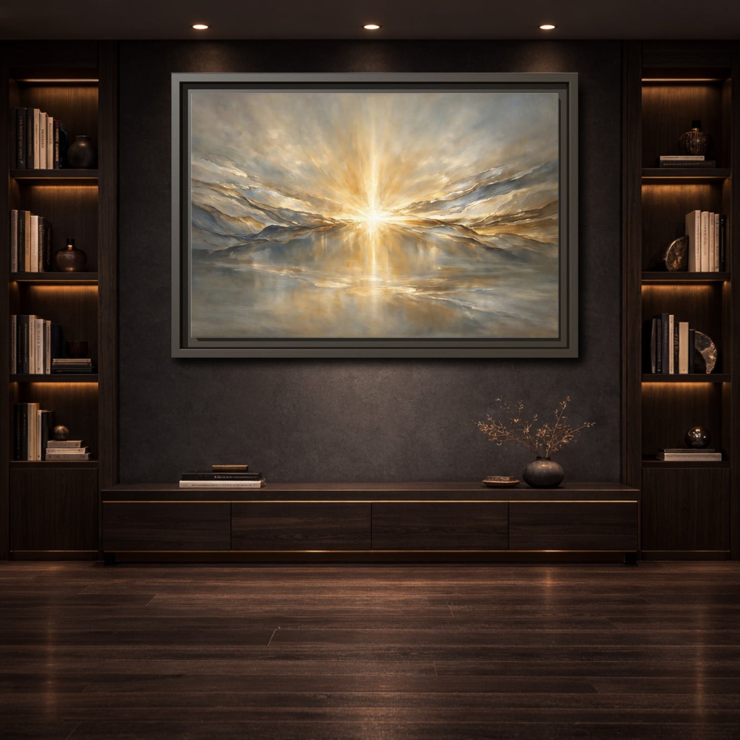 Mockup 3. Nature Sunburst Gold And Grey shown as stretched canvas wall art