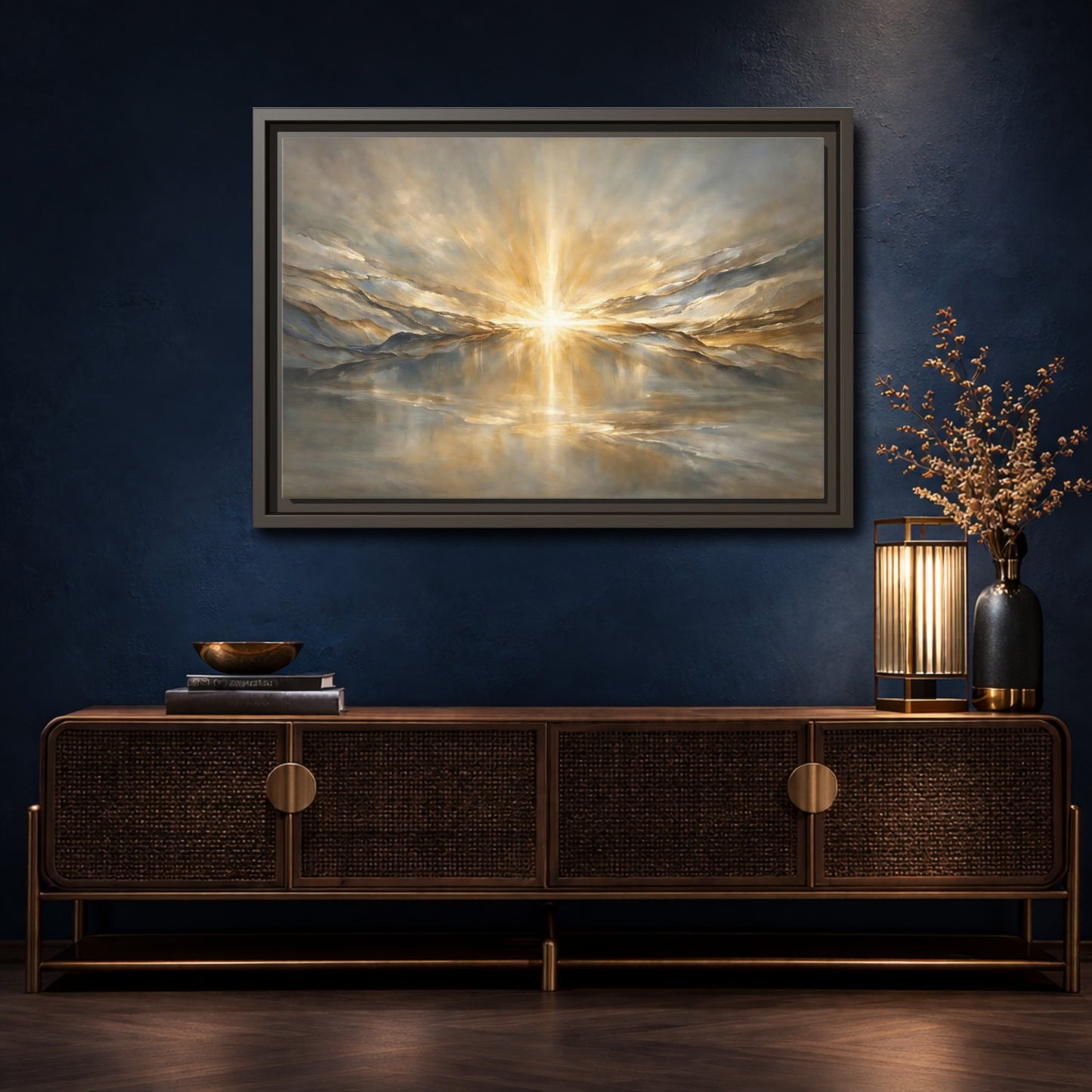 Mockup 4. Nature Sunburst Gold And Grey shown as stretched canvas wall art