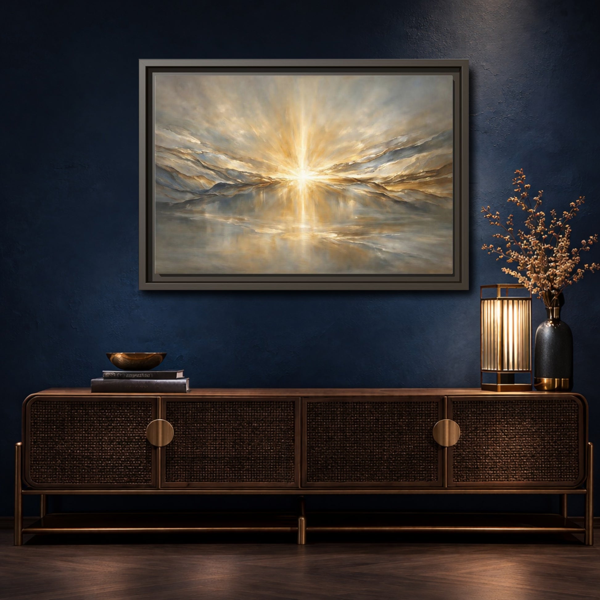 Mockup 4. Nature Sunburst Gold And Grey shown as stretched canvas wall art