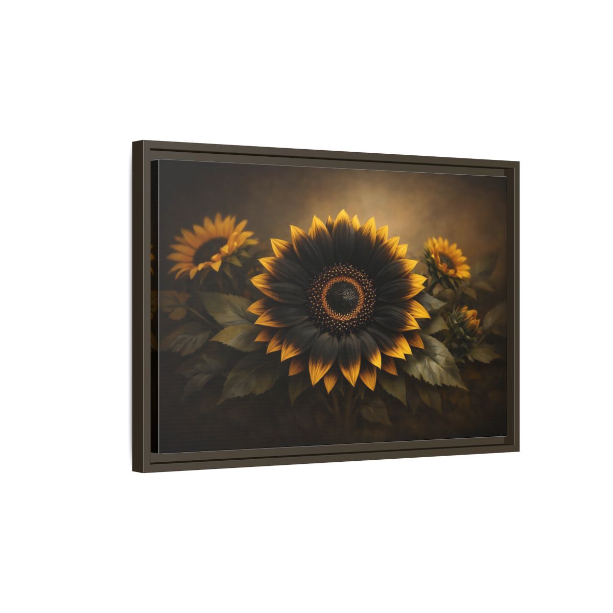 Side Mockup 2. Nature Sunflower Black Gold Sunflower shown as stretched canvas wall art