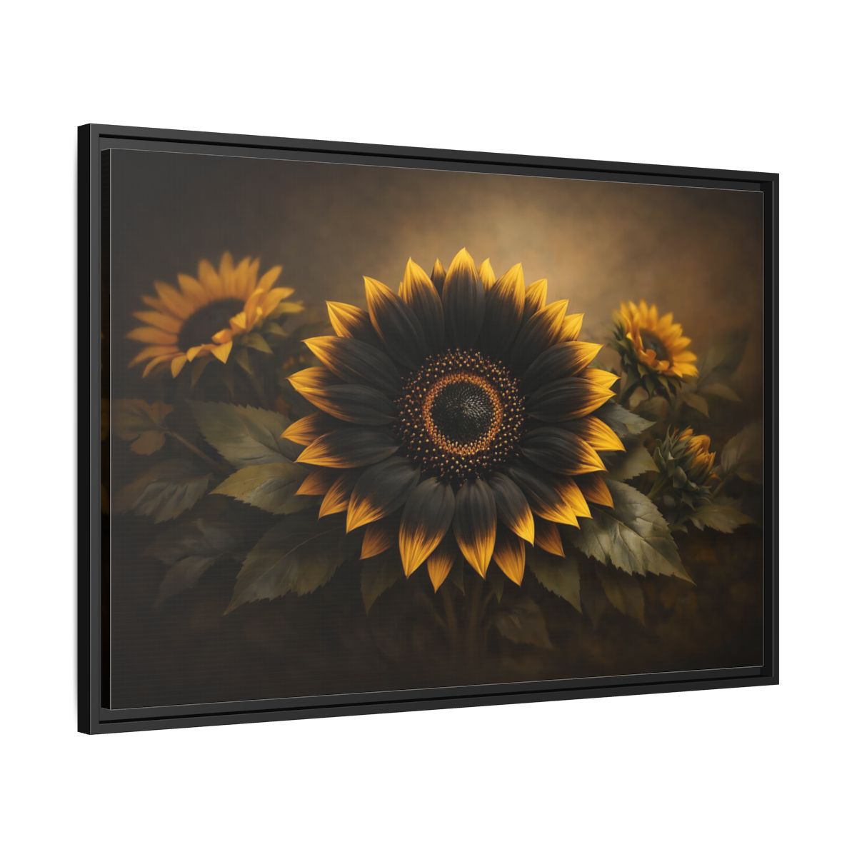 Side Mockup 13. Nature Sunflower Black Gold Sunflower shown as stretched canvas wall art