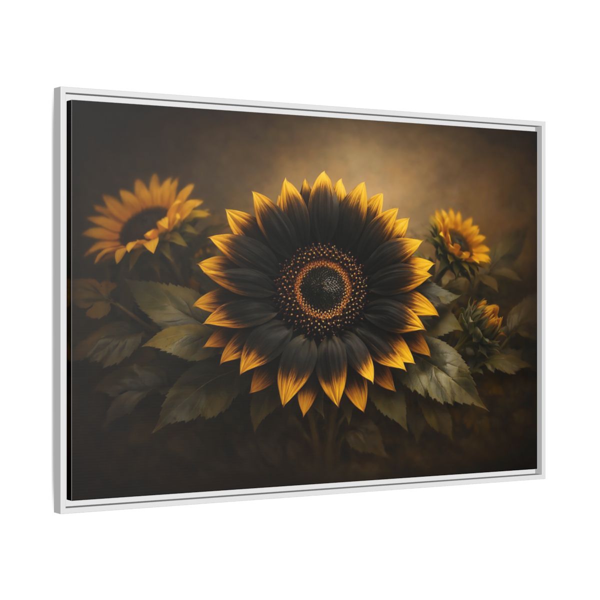 Side Mockup 7. Nature Sunflower Black Gold Sunflower shown as stretched canvas wall art
