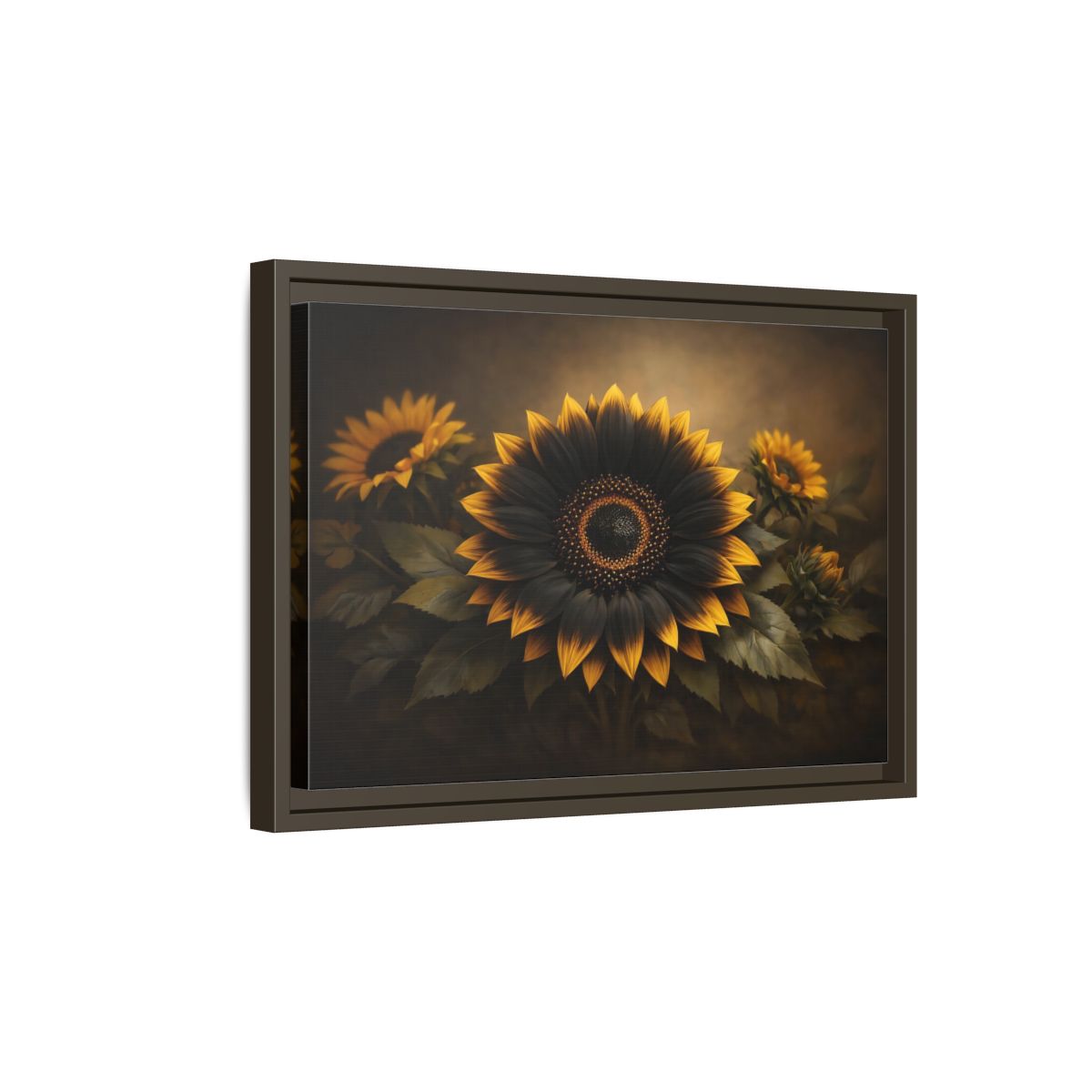 Side Mockup 5. Nature Sunflower Black Gold Sunflower shown as stretched canvas wall art