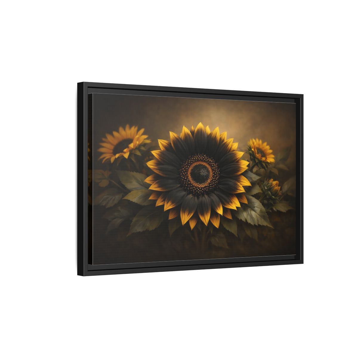 Side Mockup 3. Nature Sunflower Black Gold Sunflower shown as stretched canvas wall art