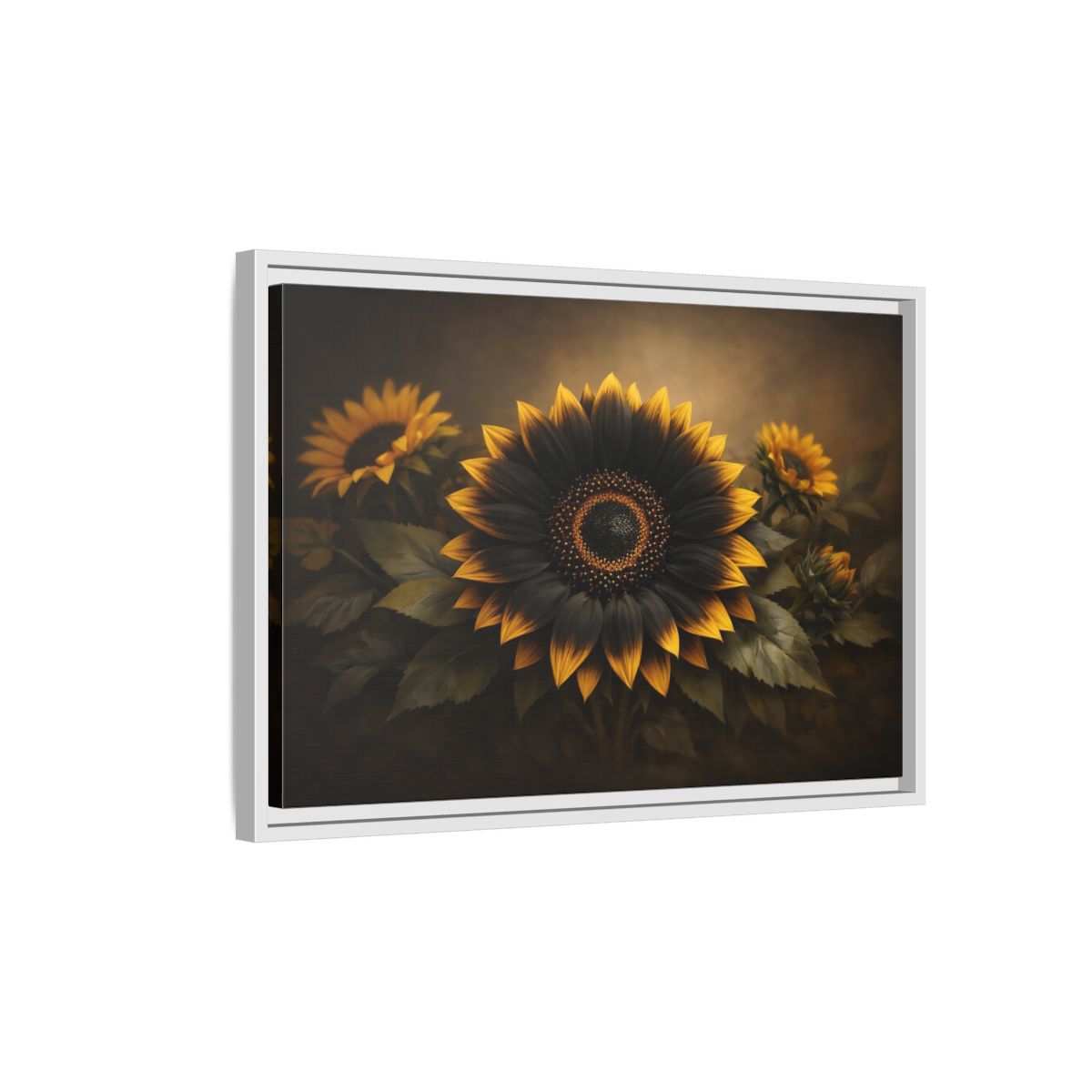 Side Mockup 1. Nature Sunflower Black Gold Sunflower shown as stretched canvas wall art