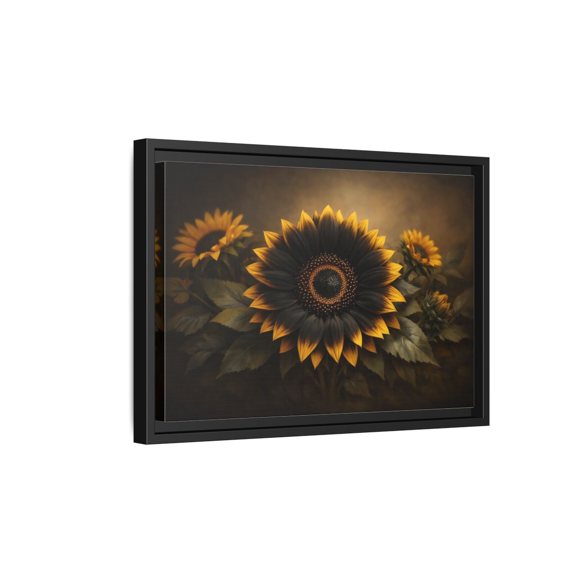 Side Mockup 6. Nature Sunflower Black Gold Sunflower shown as stretched canvas wall art
