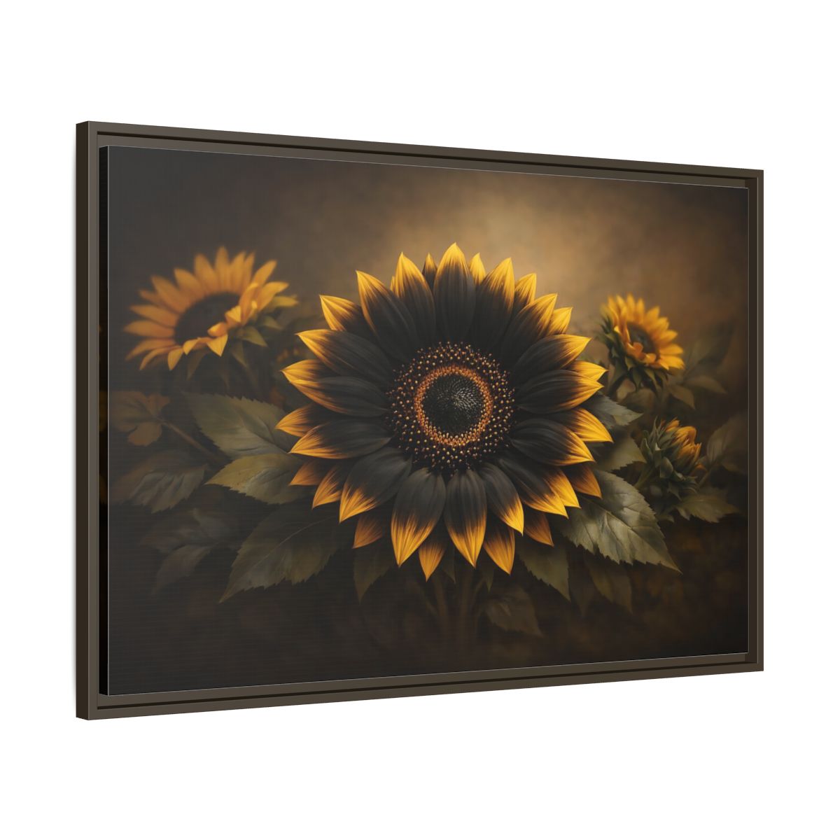 Side Mockup 9. Nature Sunflower Black Gold Sunflower shown as stretched canvas wall art