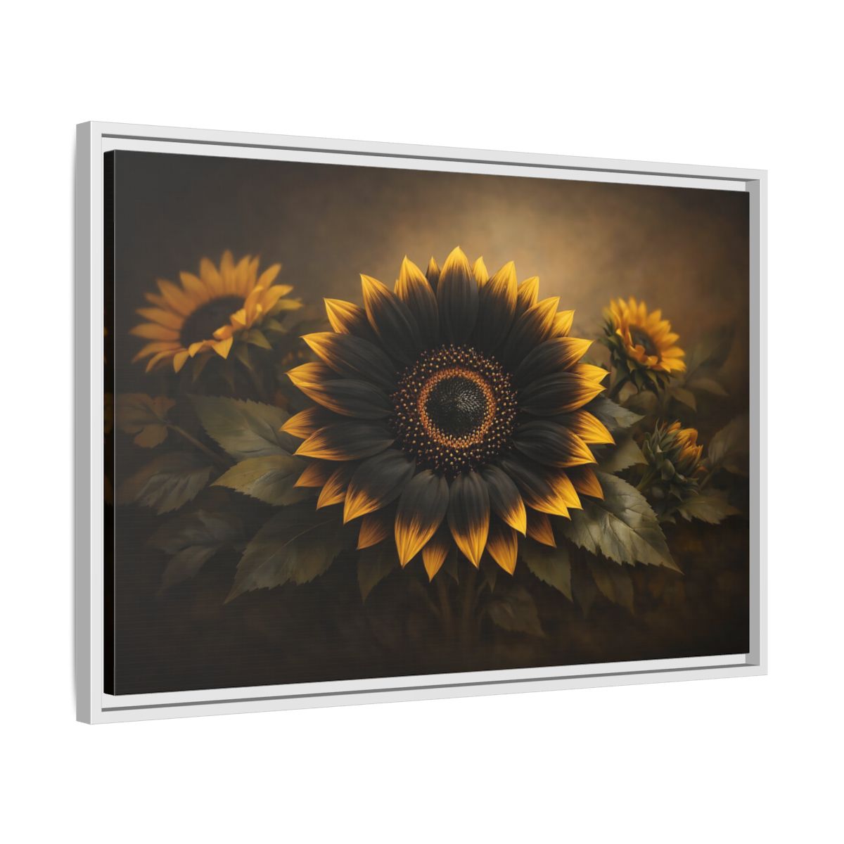 Side Mockup 10. Nature Sunflower Black Gold Sunflower shown as stretched canvas wall art