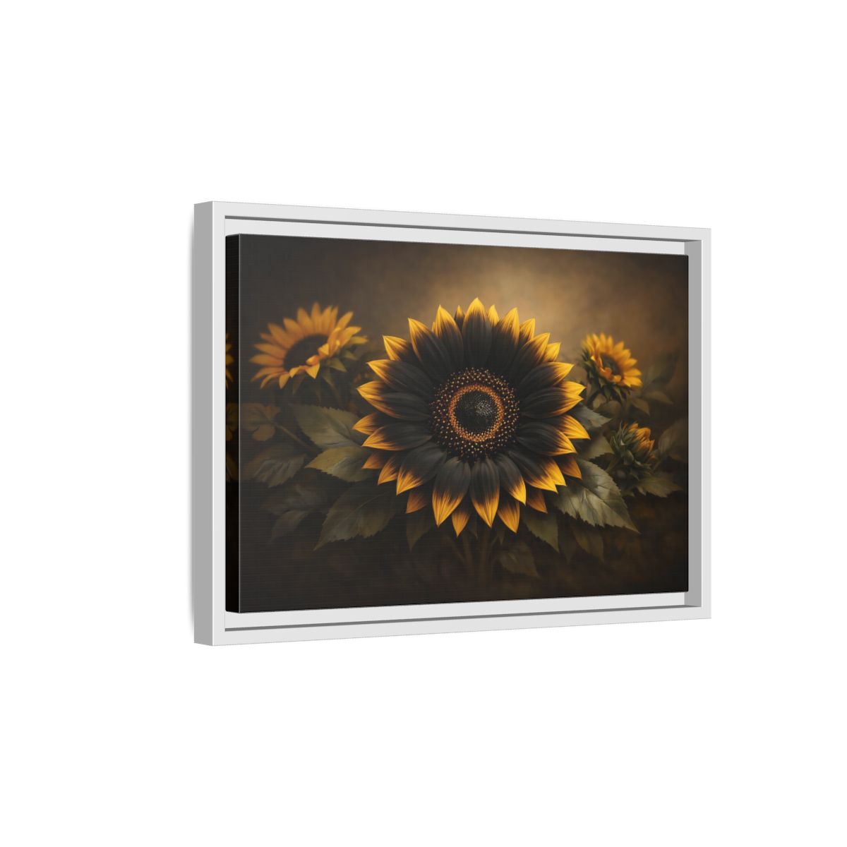 Side Mockup 4. Nature Sunflower Black Gold Sunflower shown as stretched canvas wall art