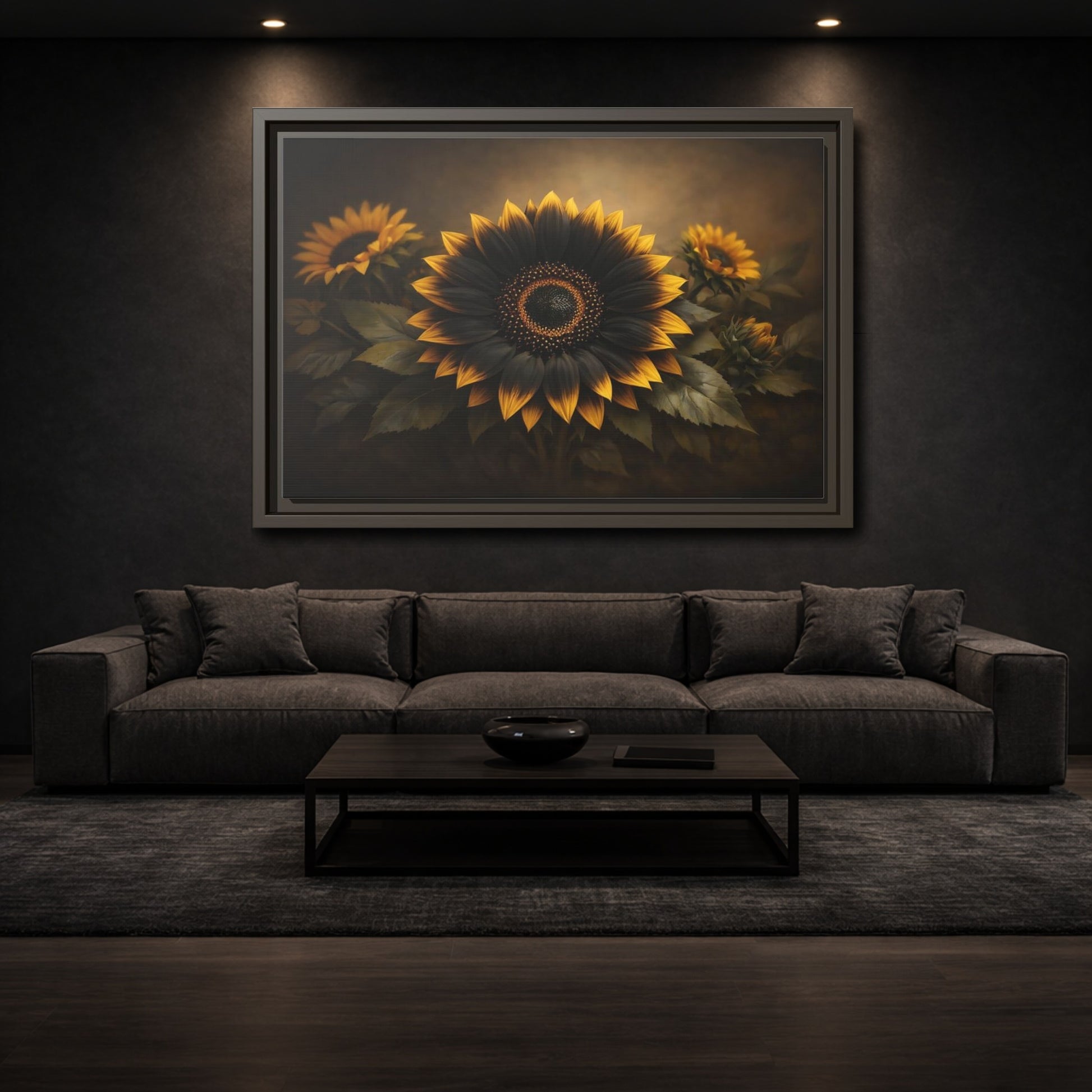 Mockup 2. Nature Sunflower Black Gold Sunflower shown as stretched canvas wall art