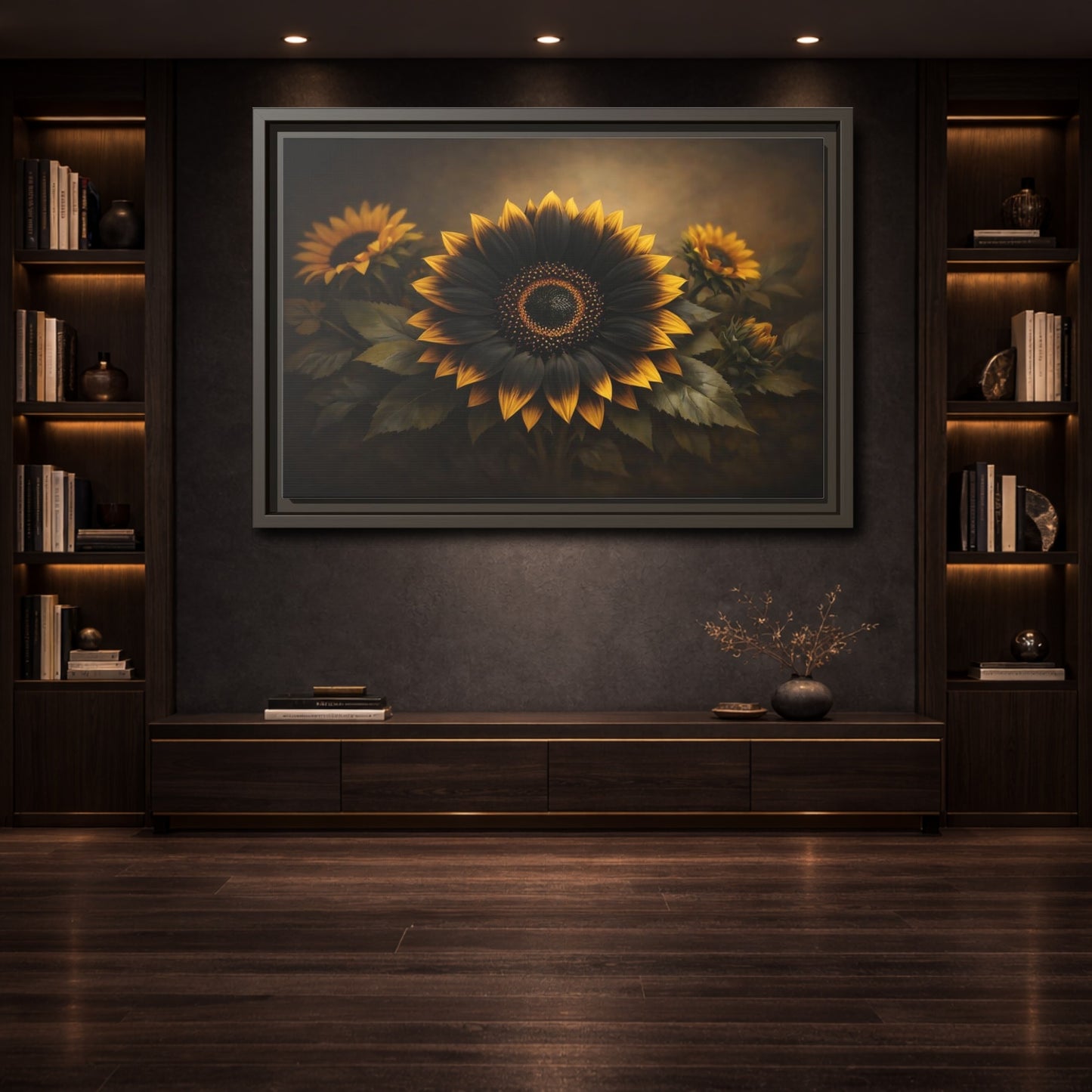 Mockup 3. Nature Sunflower Black Gold Sunflower shown as stretched canvas wall art