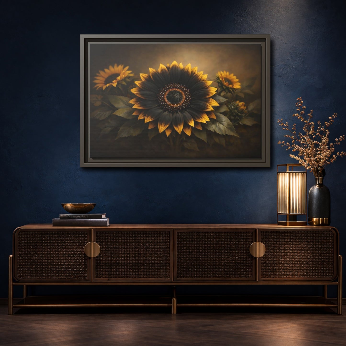 Mockup 4. Nature Sunflower Black Gold Sunflower shown as stretched canvas wall art
