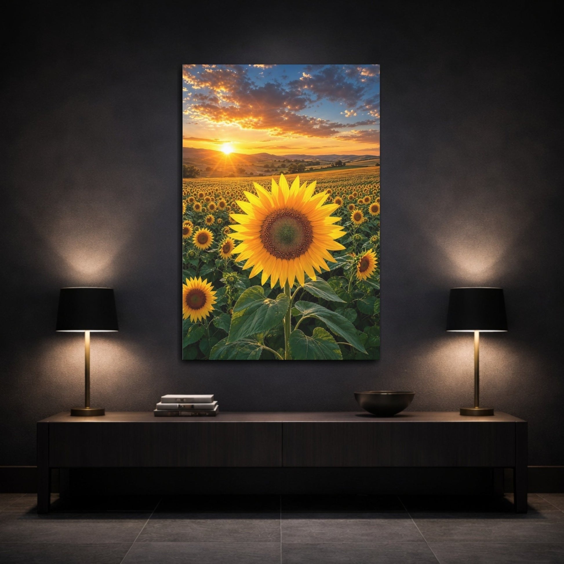 Nature Sunflower Field Sunset Canvas Wall Art Print – Vibrant Living Room, Above Fireplace - YesArtYes