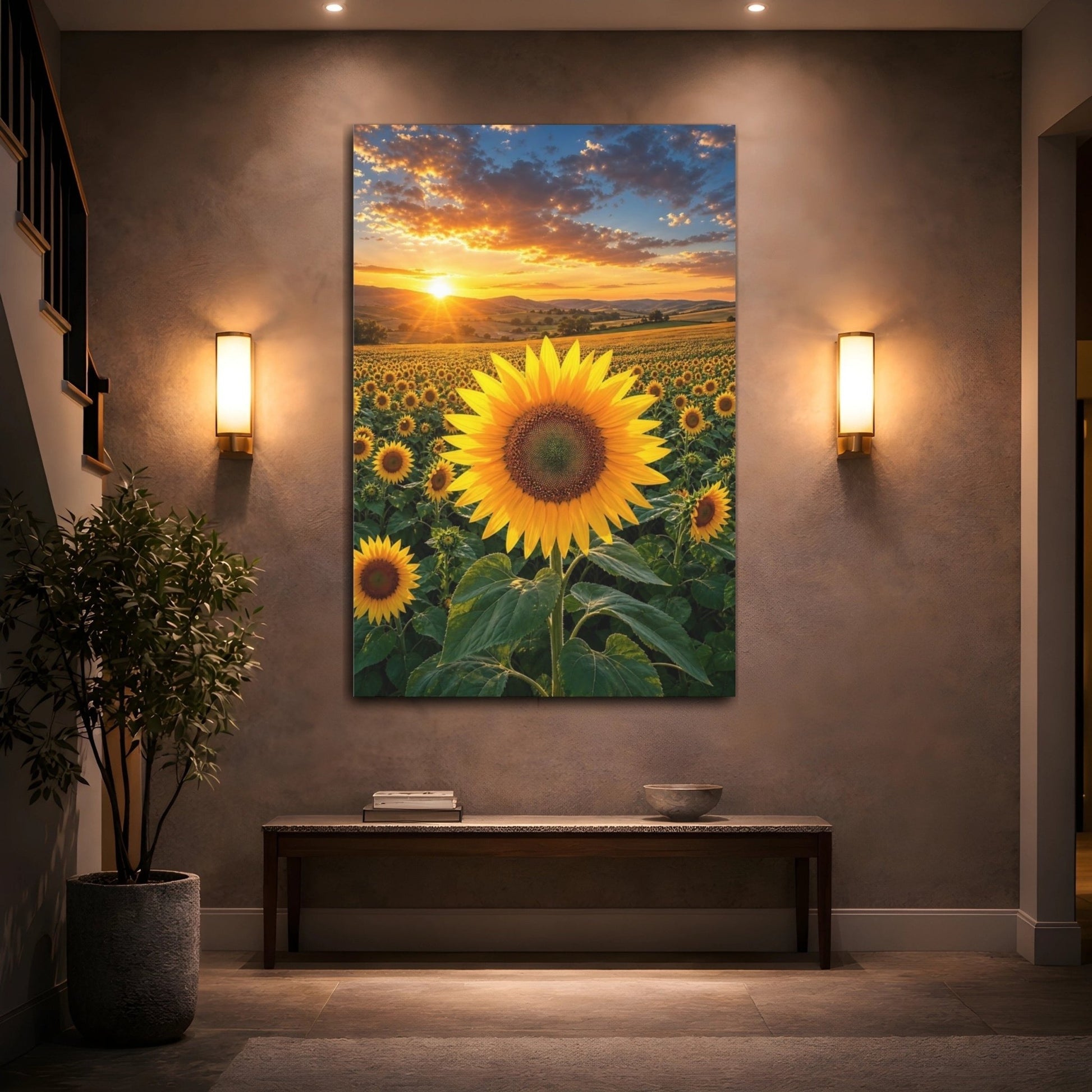 Nature Sunflower Field Sunset Canvas Wall Art Print – Vibrant Living Room, Above Fireplace - YesArtYes