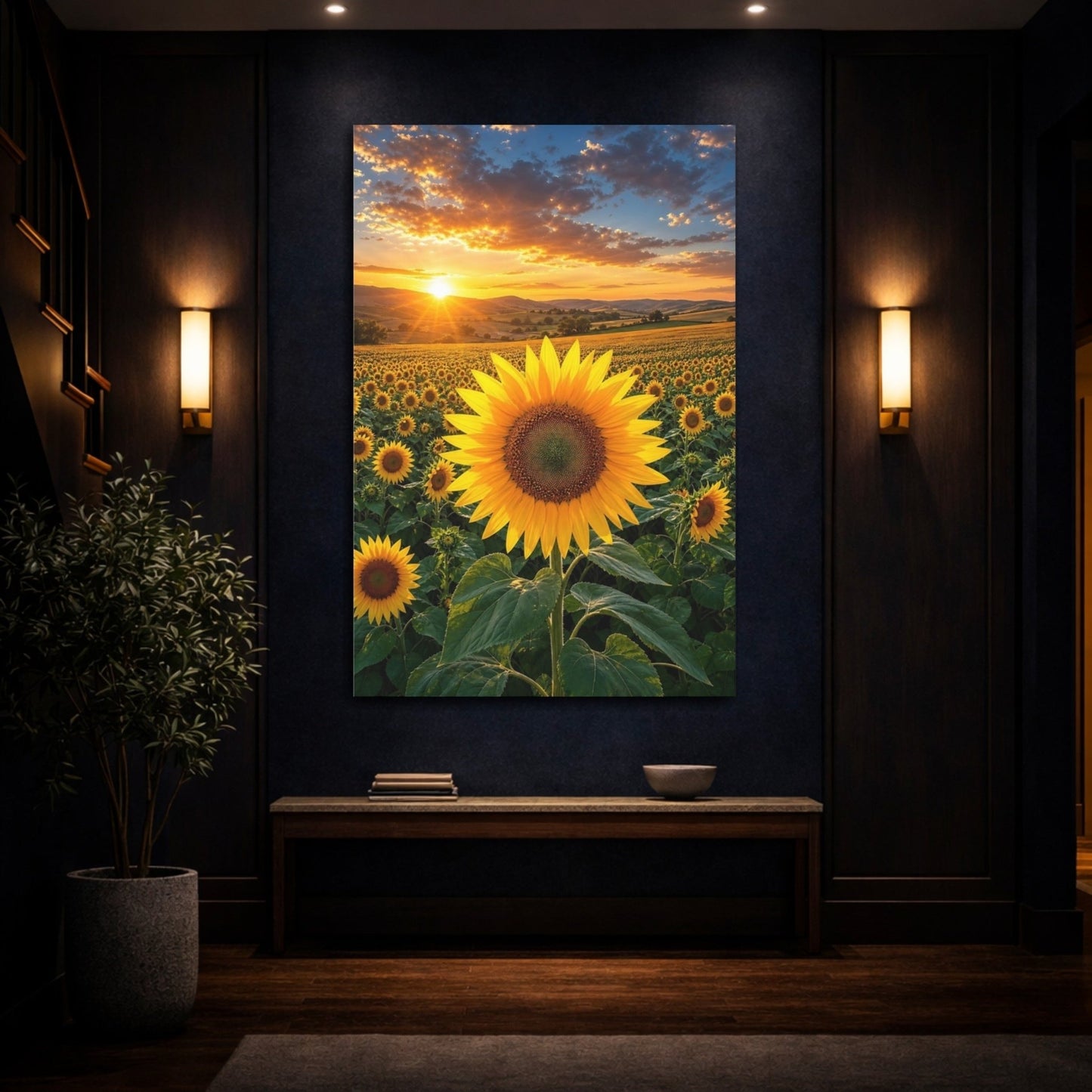 Nature Sunflower Field Sunset Canvas Wall Art Print – Vibrant Living Room, Above Fireplace - YesArtYes